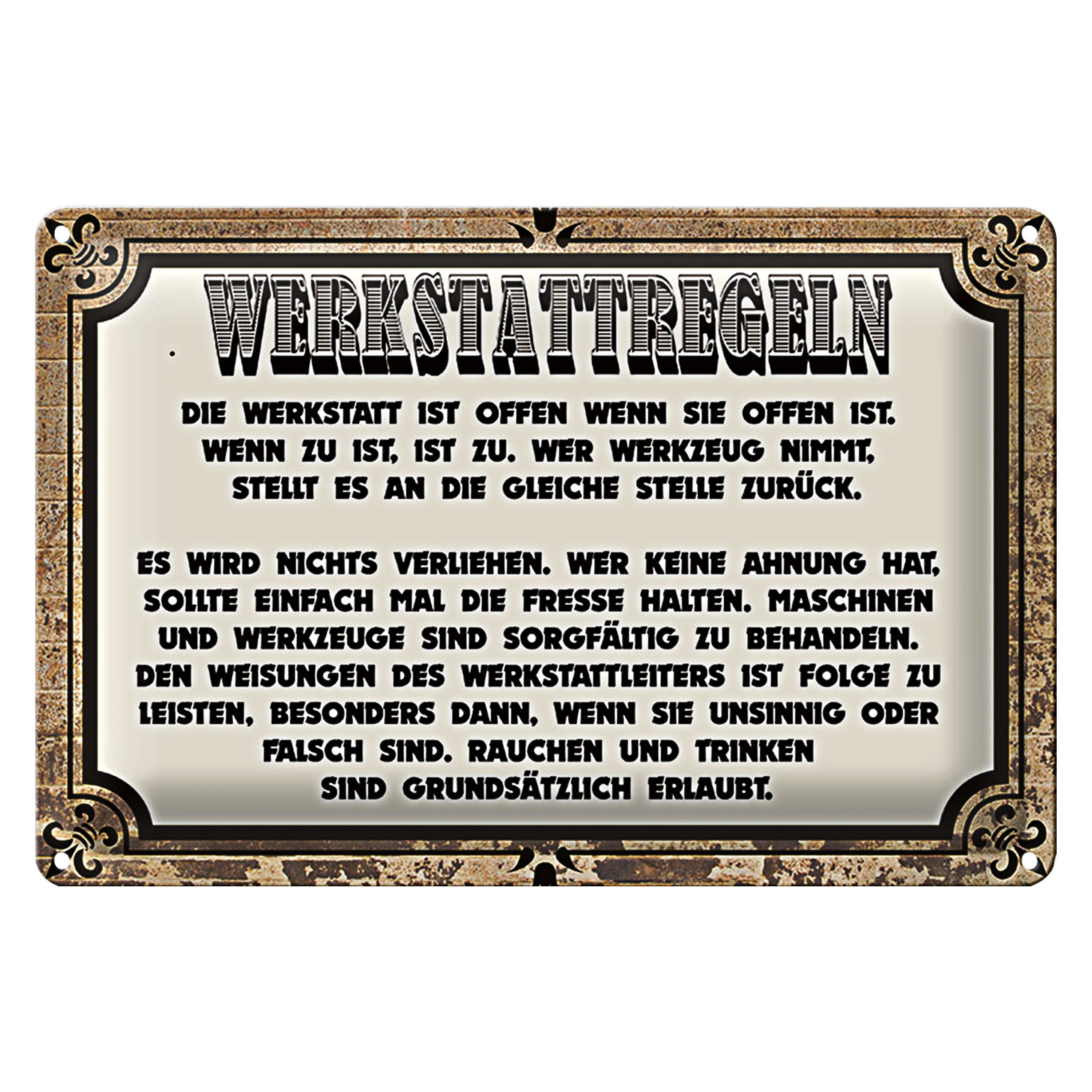 Roomando Metallschild Spruch 40x30cm Werkstattregeln Werkstatt offen