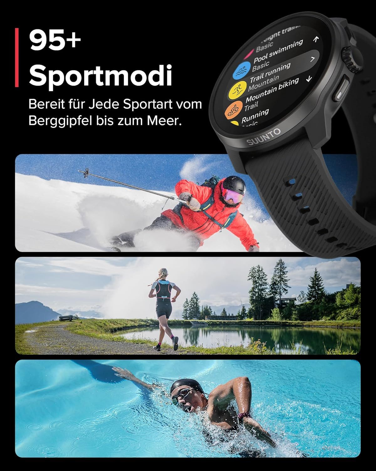 Suunto Smartwatch (3,3 cm, android ios), Multisport Smartwatch mit GPS AMOLED Display HRV und 95 Sportmodi