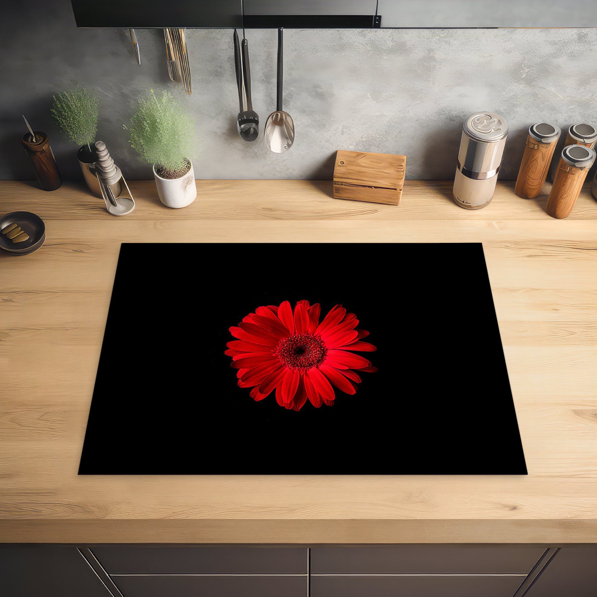 MuchoWow Herdblende-/Abdeckplatte Blume - (1 für - Schutz Makro, tlg), küche, 71x52 die cm, Vinyl, Ceranfeldabdeckung Induktionskochfeld Rot