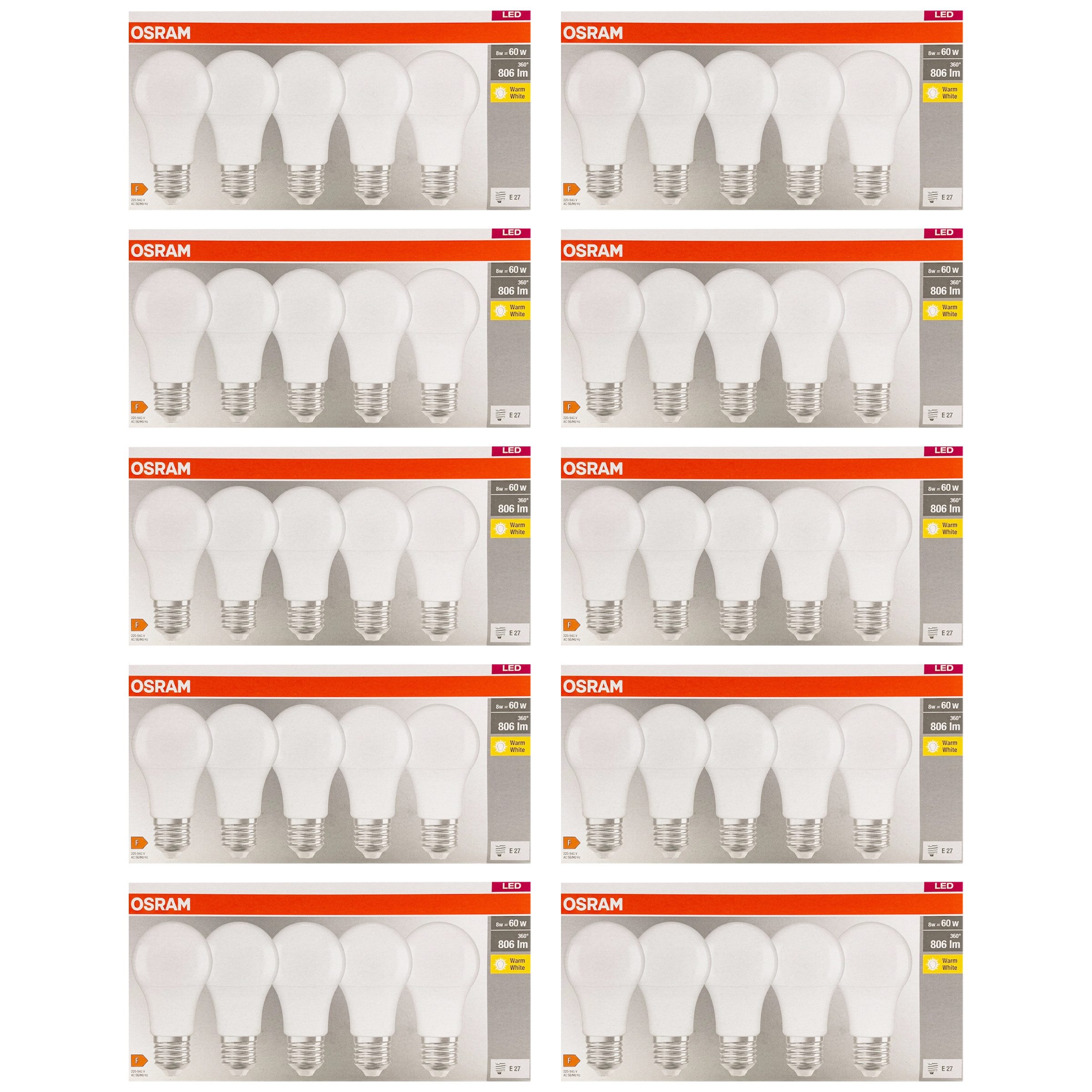 Osram LED-Leuchtmittel Osram LED Classic A60 8W/827 E27 FR – 50er Pack Warmweiß, 50 St.