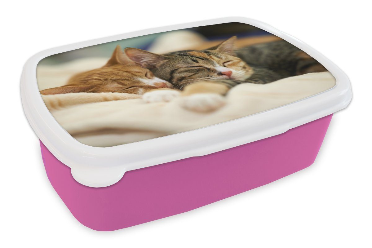 MuchoWow Lunchbox Katzen - Schlafen - Vorleger, Kunststoff, (2-tlg), Brotbox für Erwachsene, Brotdose Kinder, Snackbox, Mädchen, Kunststoff rosa