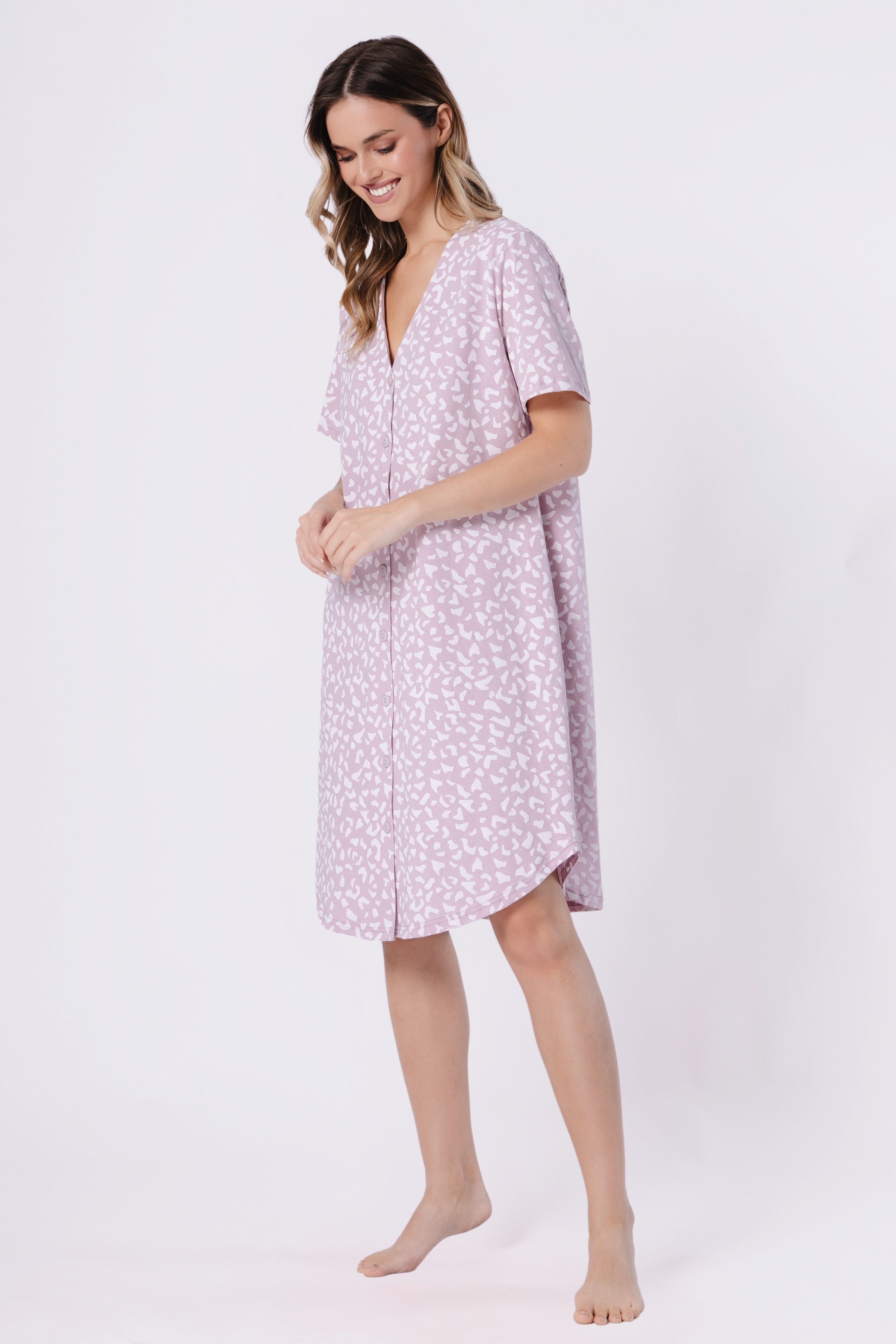 COOLISMO NIGHTWEAR Nachthemd Kurzarm in Altrosa mit weißem Muster elegantes Sleep-Shirt mit durchgehender Knopfleiste – Bild 4 von 5