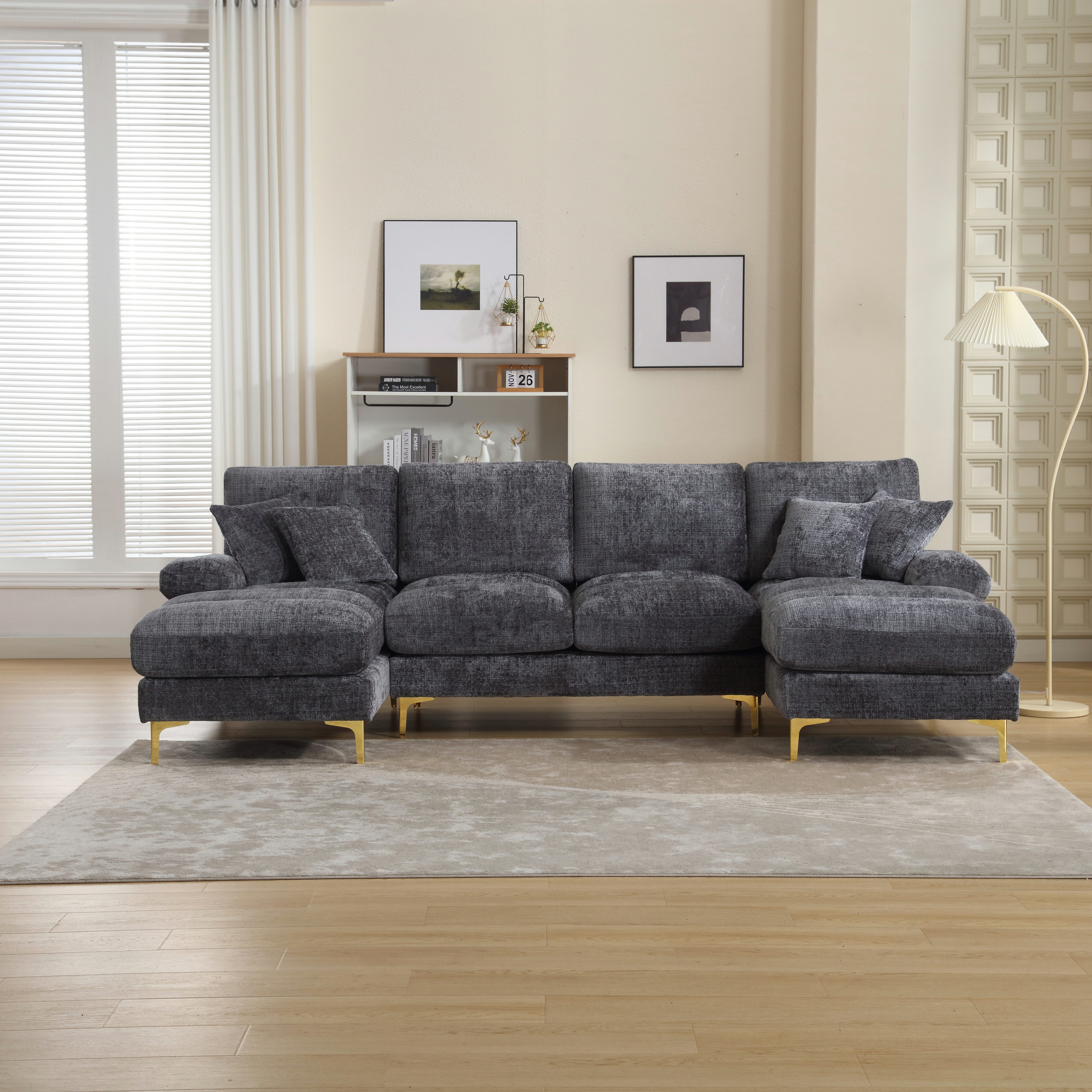 i@home Wohnlandschaft U-Sofa mit Relaxfunktion, 2 Relax-Liegeplätzen, Chenille, Sektionssofa, goldene Metallfüße 1 Teile, Schlafsofa für Wohnzimmer