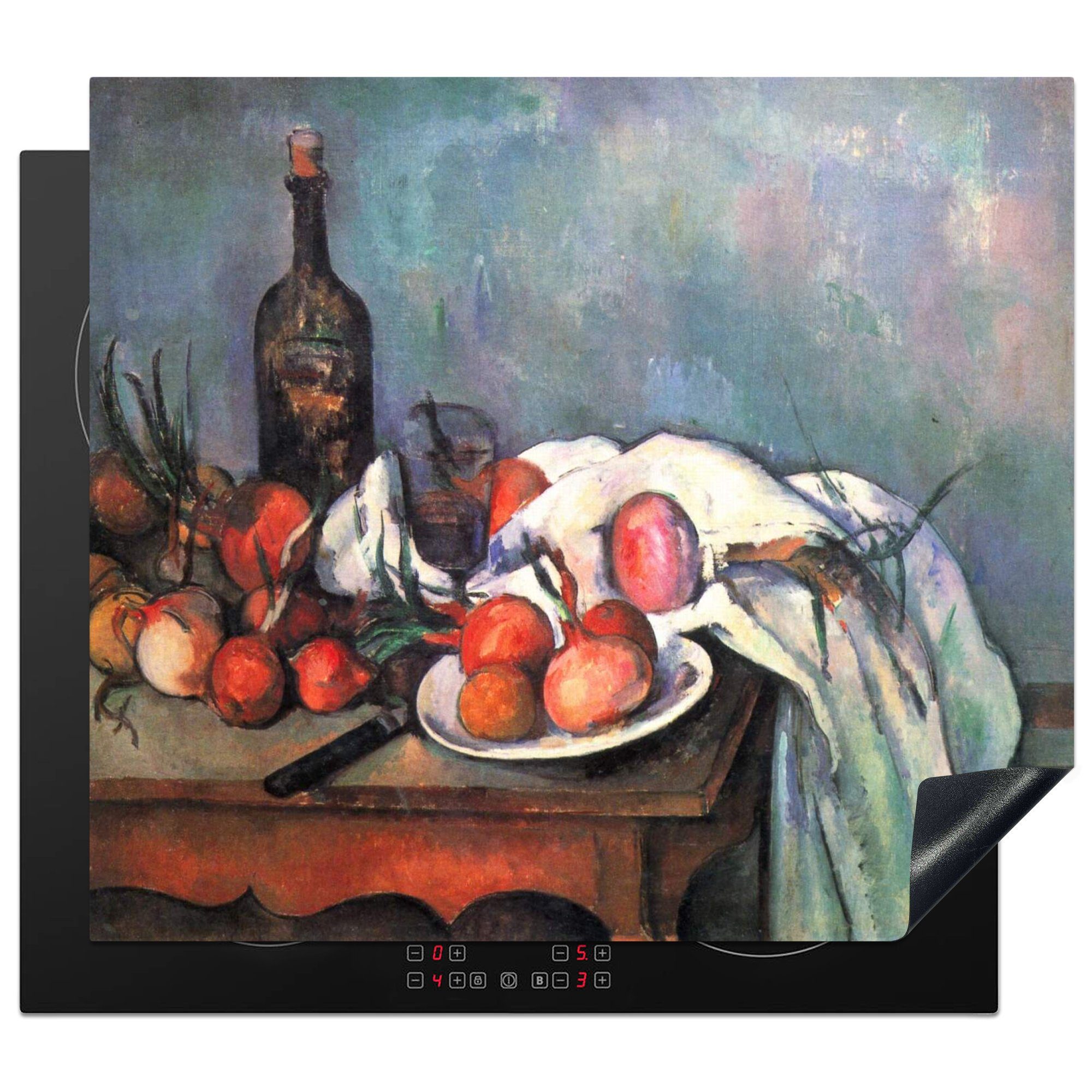 MuchoWow Herdblende-/Abdeckplatte Stilleben mit Zwiebeln - Paul Cézanne Gemälde, Vinyl, (1 tlg), 60x52 cm, Mobile Arbeitsfläche nutzbar, Ceranfeldabdeckung