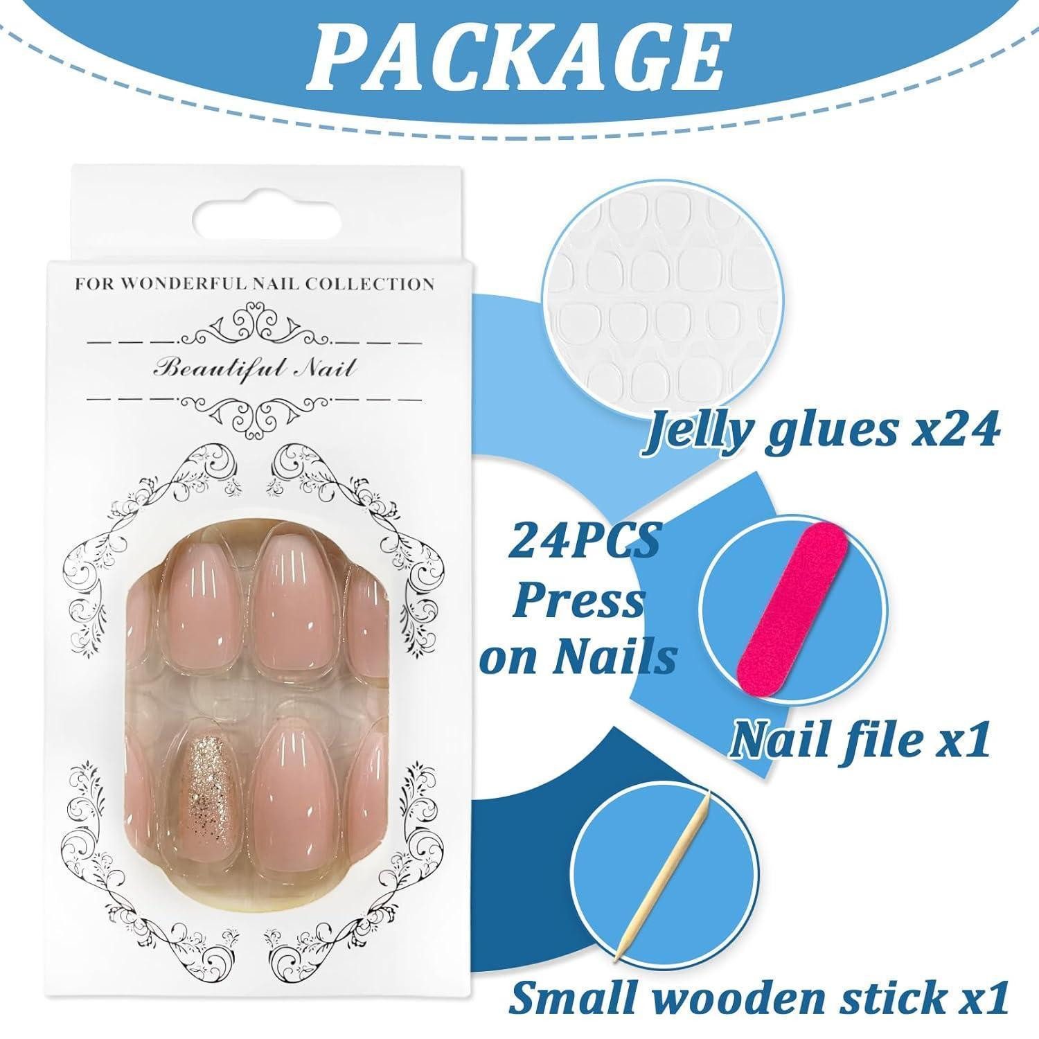 LuxusKollektion Kunstfingernägel 24 Stück Press on Nägel Rosa Glitzer Acryl French Nails mit – Bild 5 von 5