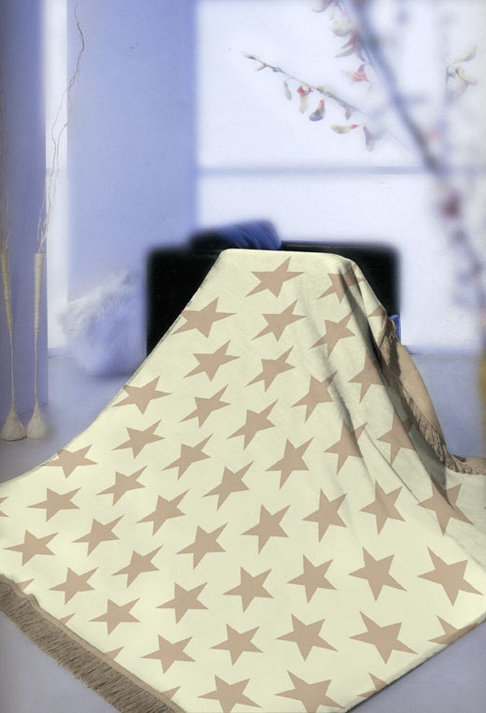 Tagesdecke Decke Wohndecke Braun, Kinderdecke mit Teppich-Traum Beige Sternen Creme Kuscheldecke Spieldecke in Muster mit Fransen