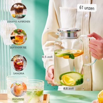 FELIXLEO Teekanne Wasserkaraffe 1.8 Liter Glaskaraffe mit Deckel Leicht reinigender