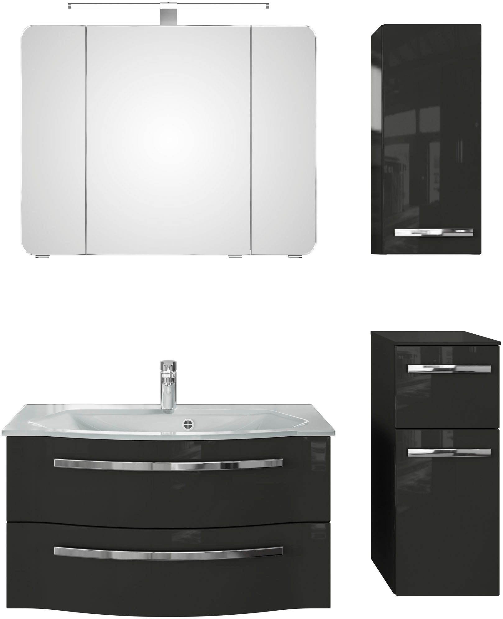 Saphir Badmöbel-Set Serie 4005, vormontiert, Glaswaschbecken, Spiegelschrank, (Set, 5-St), Badezimmer-Set mit Unterschrank, Hängeschrank, Midischrank, Türdämpfer