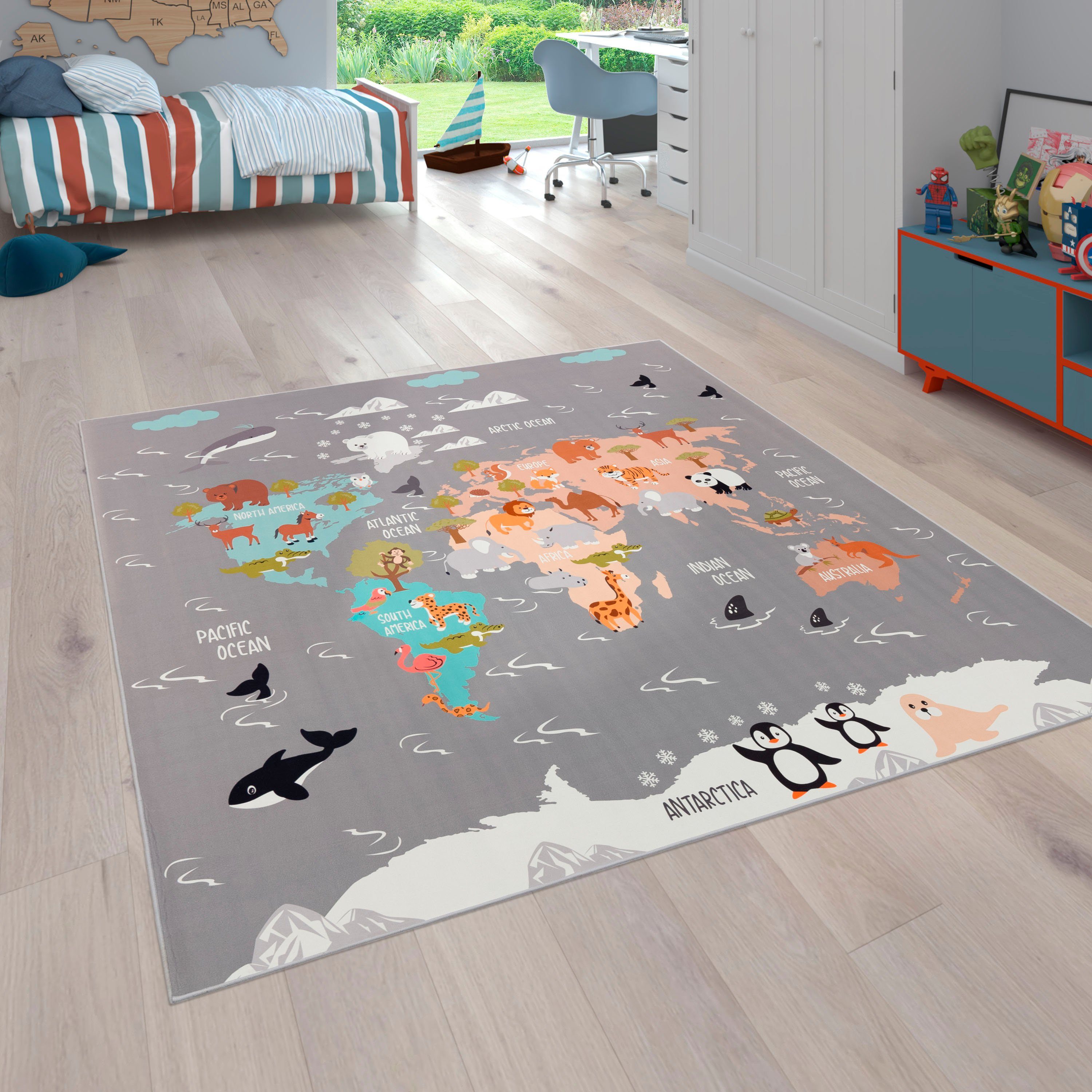 Paco Home Kinderteppich Bino 581, rechteckig, Höhe: 4 mm, Spielteppich, Motiv Weltkarte & Tiere, Kinderzimmer