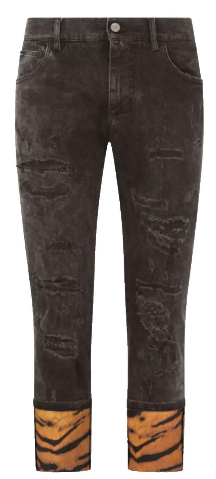 DOLCE & GABBANA 5-Pocket-Jeans Jeans Limited Ny Tiger Stretch Slim FIt Röhrenjeans Denim Logo-Plakette aus Metall, Tigerprint-Details