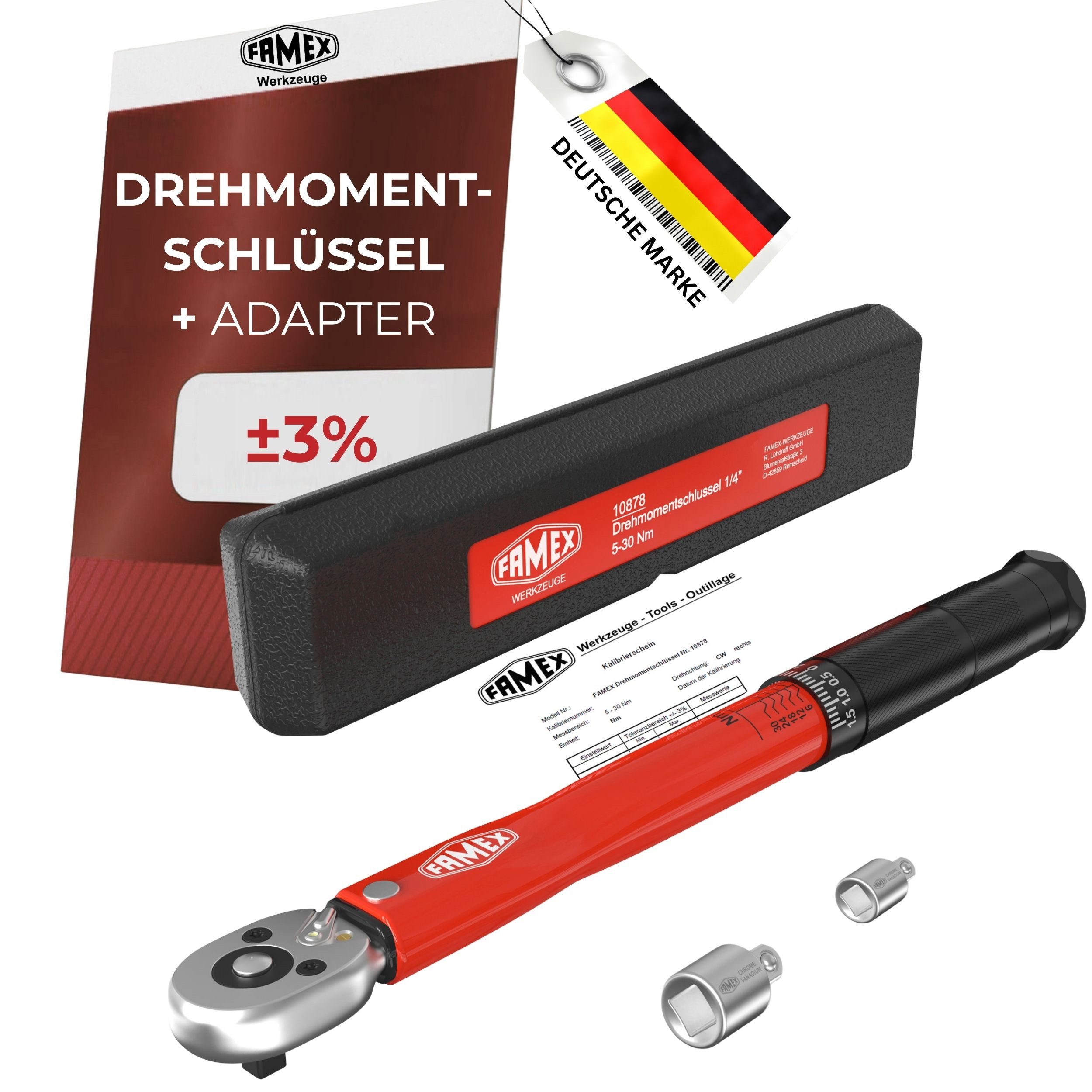 FAMEX Drehmomentschlüssel 10878-2A Drehmomentschlüssel 1/4 Zoll, 5-30 Nm (auf ±3% kalibriert, vor Auslieferung zusätzlich geprüft), mit Kalibrierschein, Fahrrad, Adapter