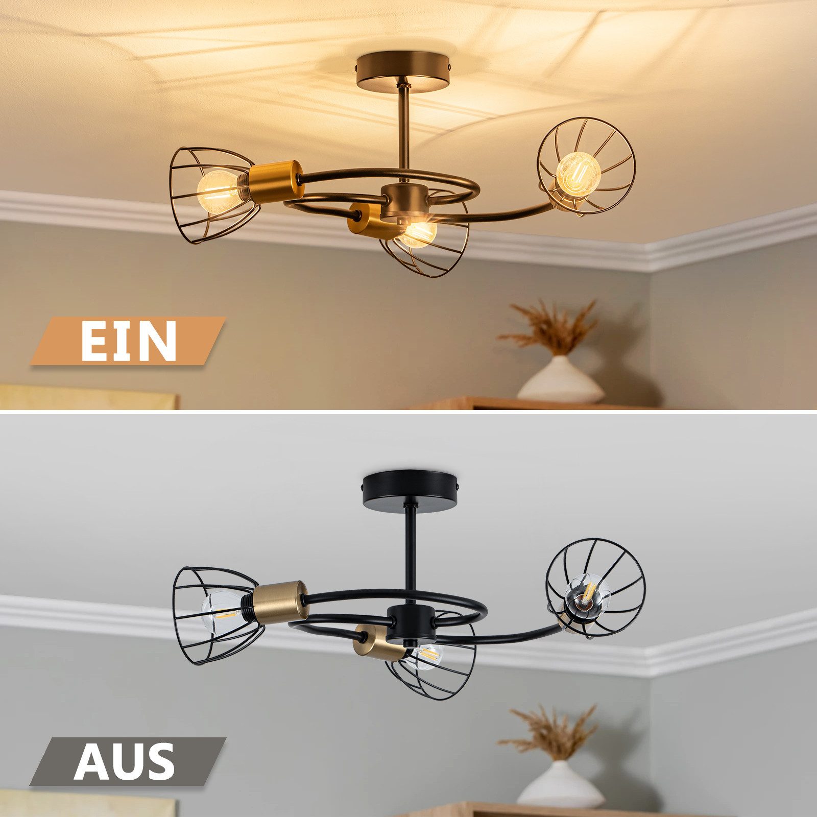 ZMH Deckenleuchte Schwarz Deckenlampe Vintage aus Metall Wohnzimmer 3 Flammig E14, ohne Leuchtmittel – Bild 5 von 5
