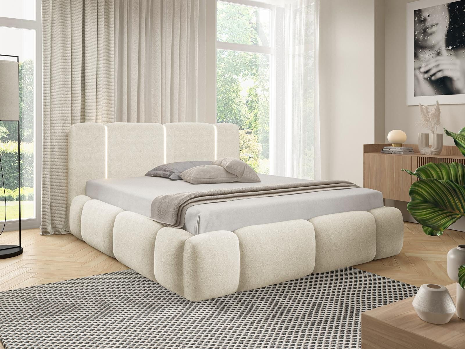Compleo Polsterbett LED, Wolkenbett boucle ohne Matratze HUGS, Designerbett mit Bettkasten, 120/140/160/180/200x200