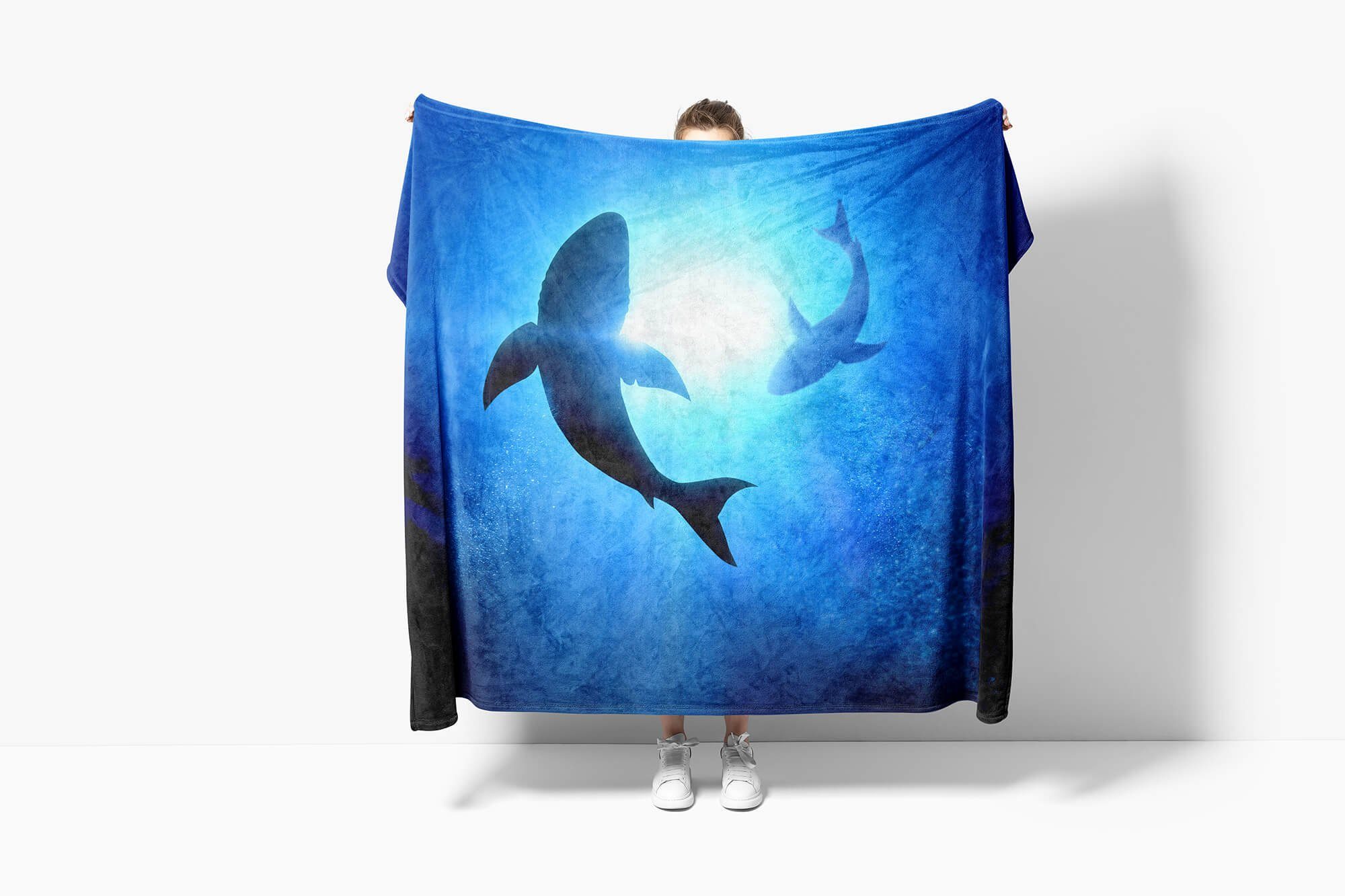 Sinus Art Handtücher Handtuch Hai Saunatuch Strandhandtuch unter Wasser, Tiermotiv (1-St), Kuscheldecke Baumwolle-Polyester-Mix mit Handtuch
