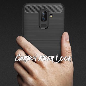 Nalia Smartphone-Hülle Samsung Galaxy A6 Plus, Carbon Look Silikon Hülle / Matt Schwarz / Rutschfest / Karbon Optik