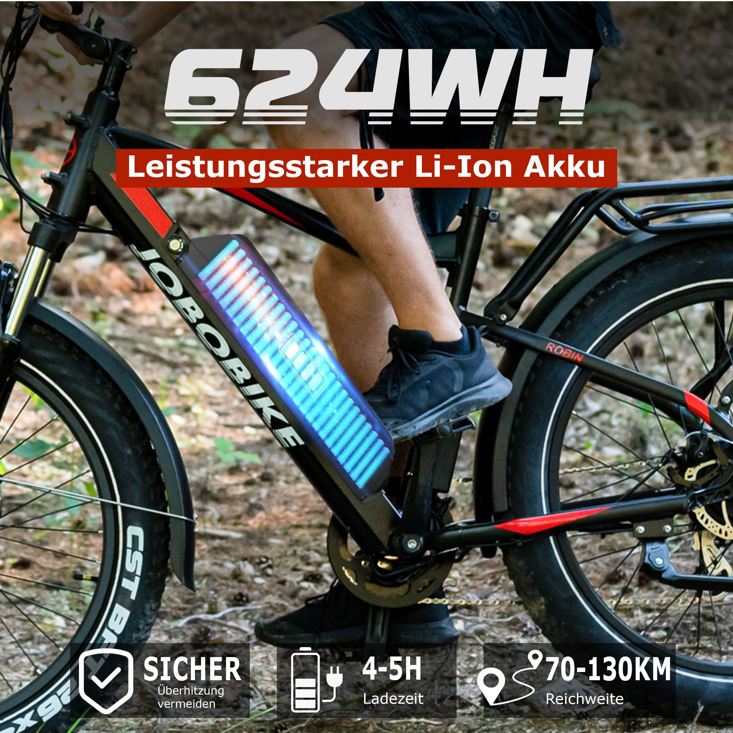 JOBOBIKE E-Bike Mountainbike 26x4,0 Zoll, 80 Nm, Robin/Apex, 130km, für Stadt, Berg und Gelände, 7 Gang Shimano, Kettenschaltung, Heckmotor, 624 Wh, (für Stadt, Berg und Gelände), abnehmbarer Akku, Elektrofahrrad mit Scheibenbremse, max. 150 kg