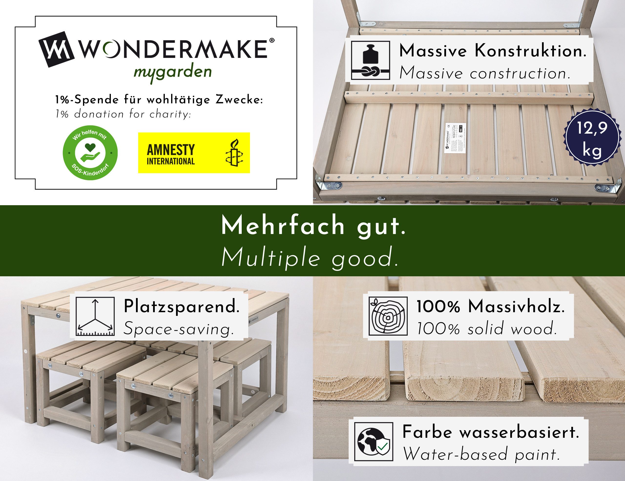 WONDERMAKE Garten-Kindersitzgruppe aus Holz ab 3 Jahre, Outdoor Indoor Kinder-Sitzgarnitur draußen grau, (2x Hocker, 1x Bank, 1x Tisch, 4-tlg), Gartenmöbel-Set Sitzgruppe Garnitur drinnen, 4 Plätze, Picknick-Gruppe