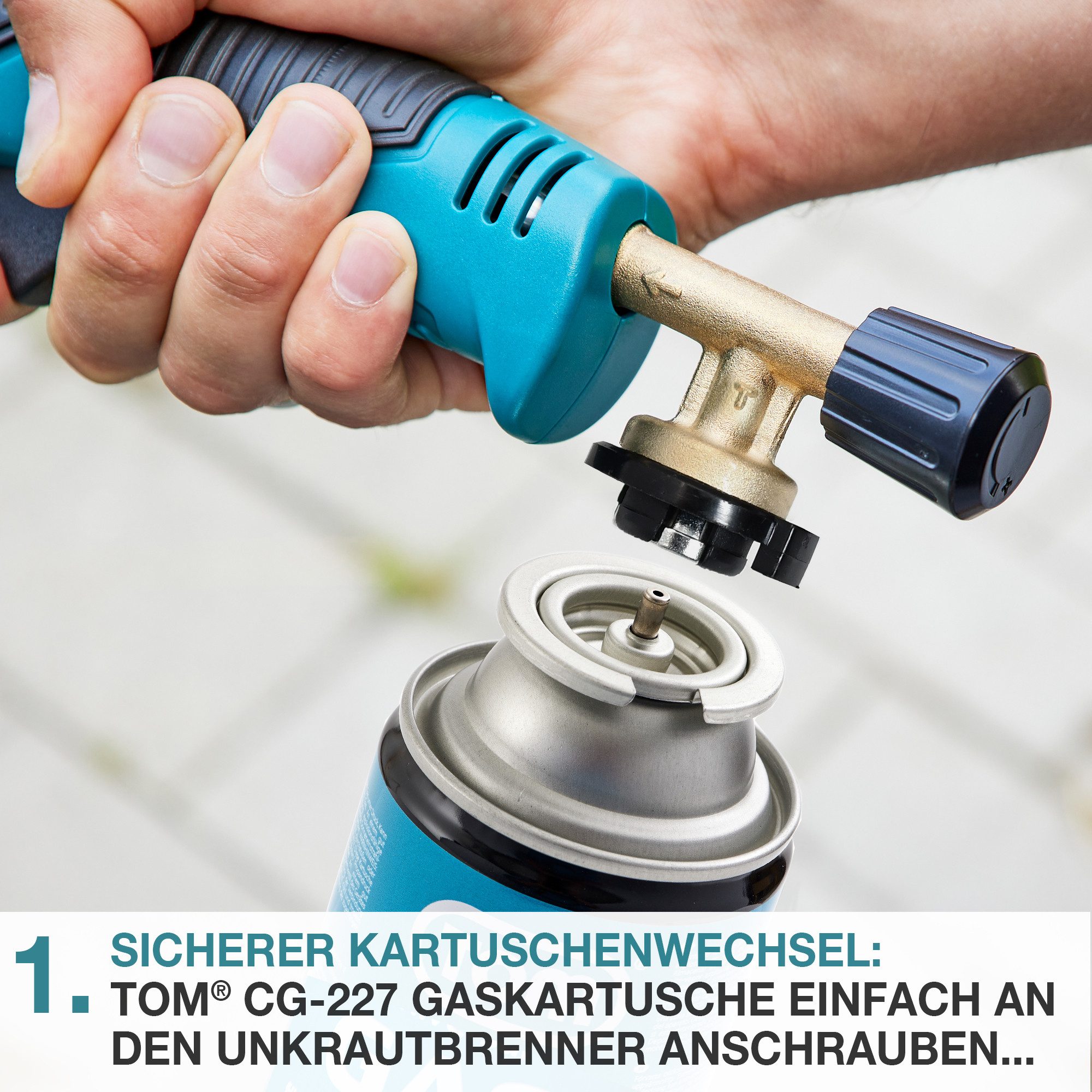 TOM Unkrautbrenner UB-300 mit 8x 227g Gaskartuschen, 1000 °C maximal, Piezozündung, MSF-1A, Unkrautvernichter, Unkrautentferner