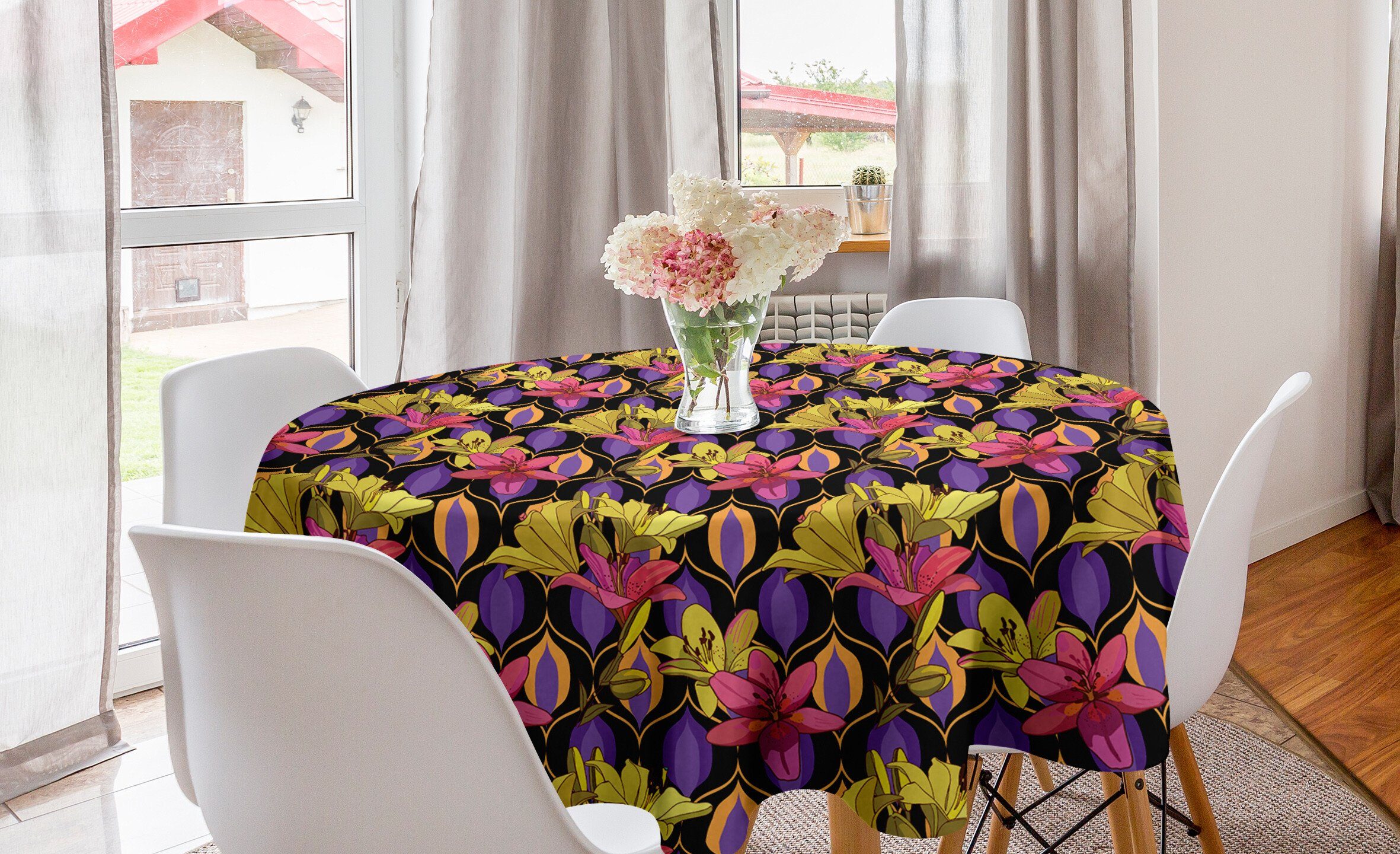 Blumen Lily Kreis Retro-Motiv Abdeckung für Jahrgang Tischdecke Tischdecke Dekoration, Küche Abakuhaus Esszimmer auf