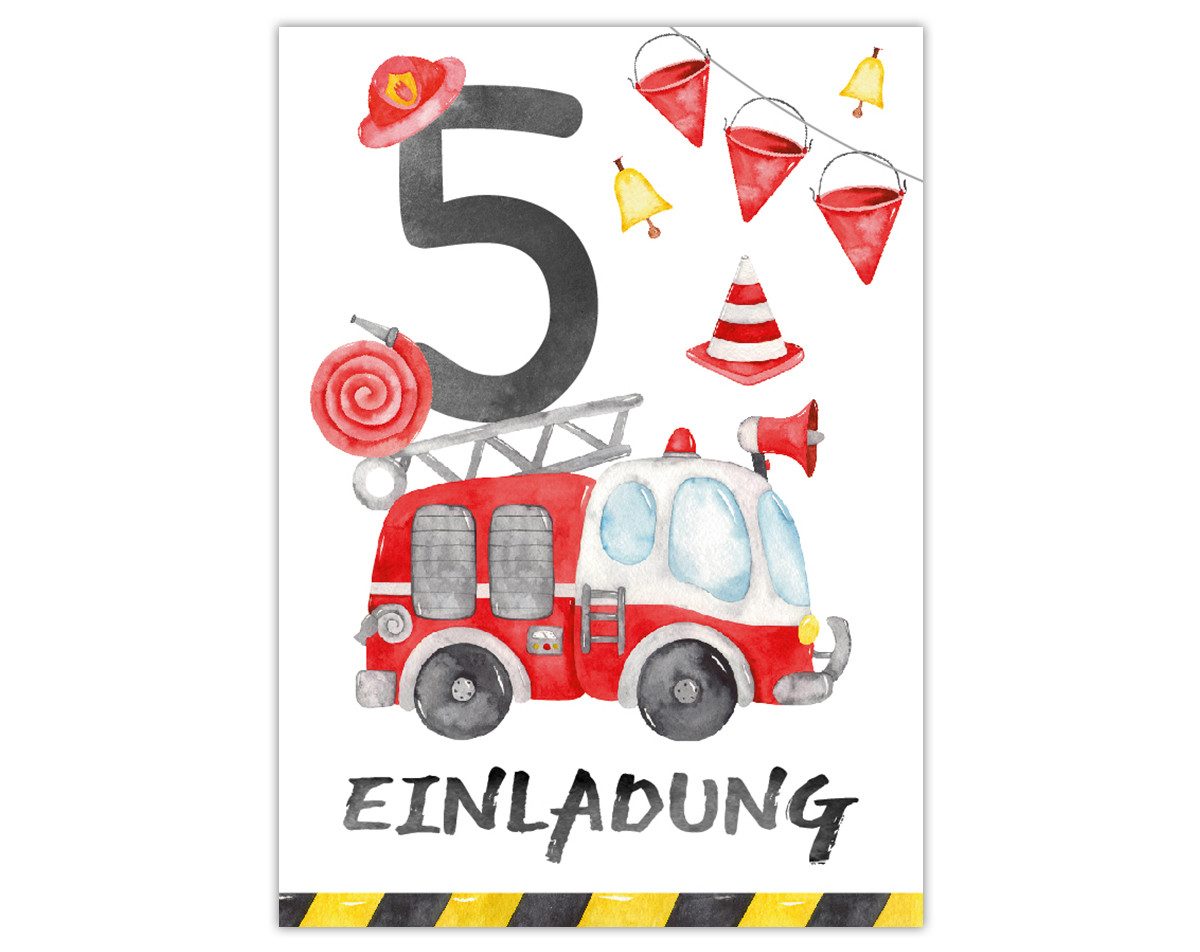 JUNAPACK Einladungskarten Feuerwehr Einladungen zum 5. Kindergeburtstag Feuerwehrmann Karten, Einladungskarten mit Feuerwehr Motiv für Kinder zum fünften Geburtstag