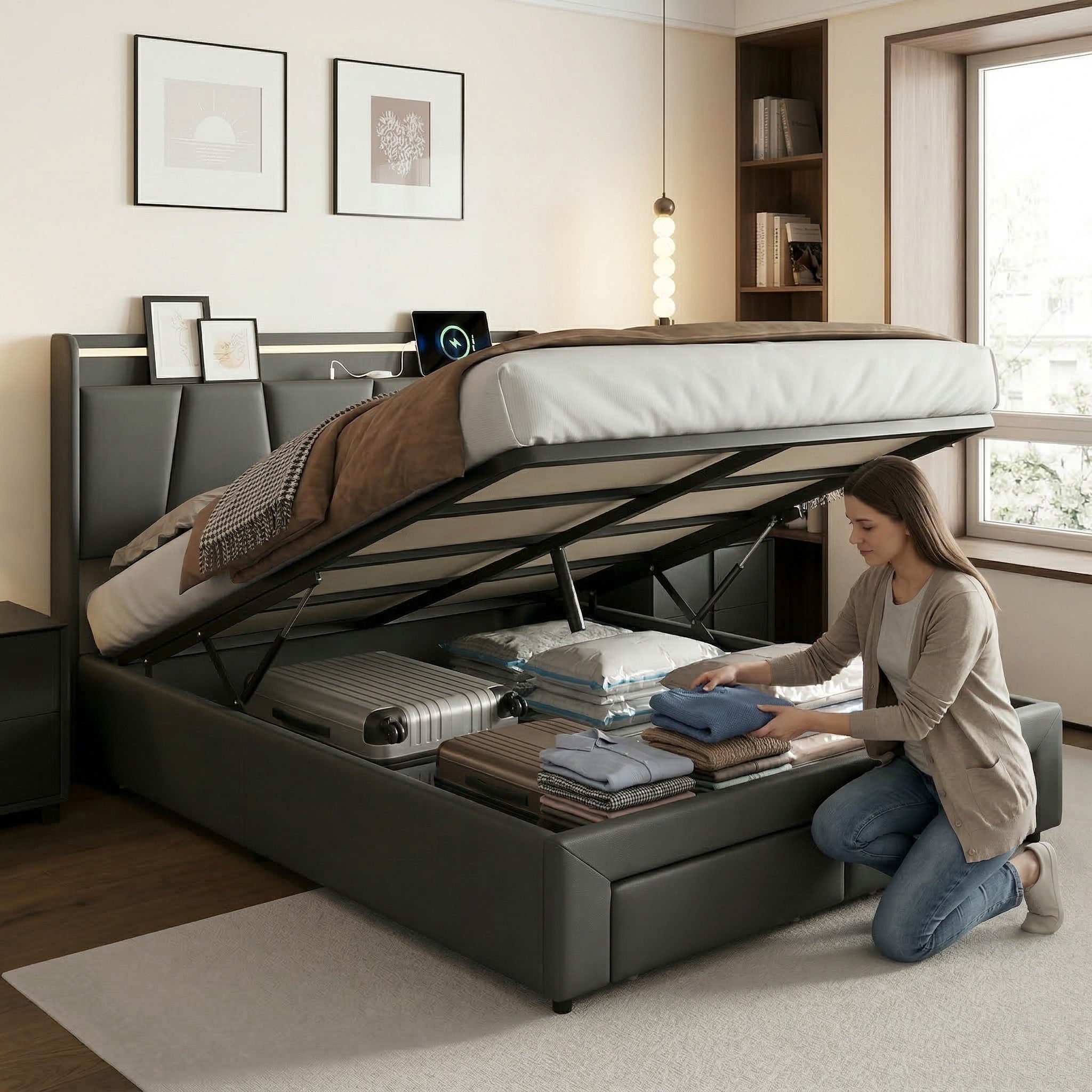 PXloue Stauraumbett Polsterbett mit Stauraum (Hochklappbares Bett 140x200 cm (USB-Ladeanschluss), 2 Schubladen, mit stabilem Lattenrost & gepolstertem Kopfteil