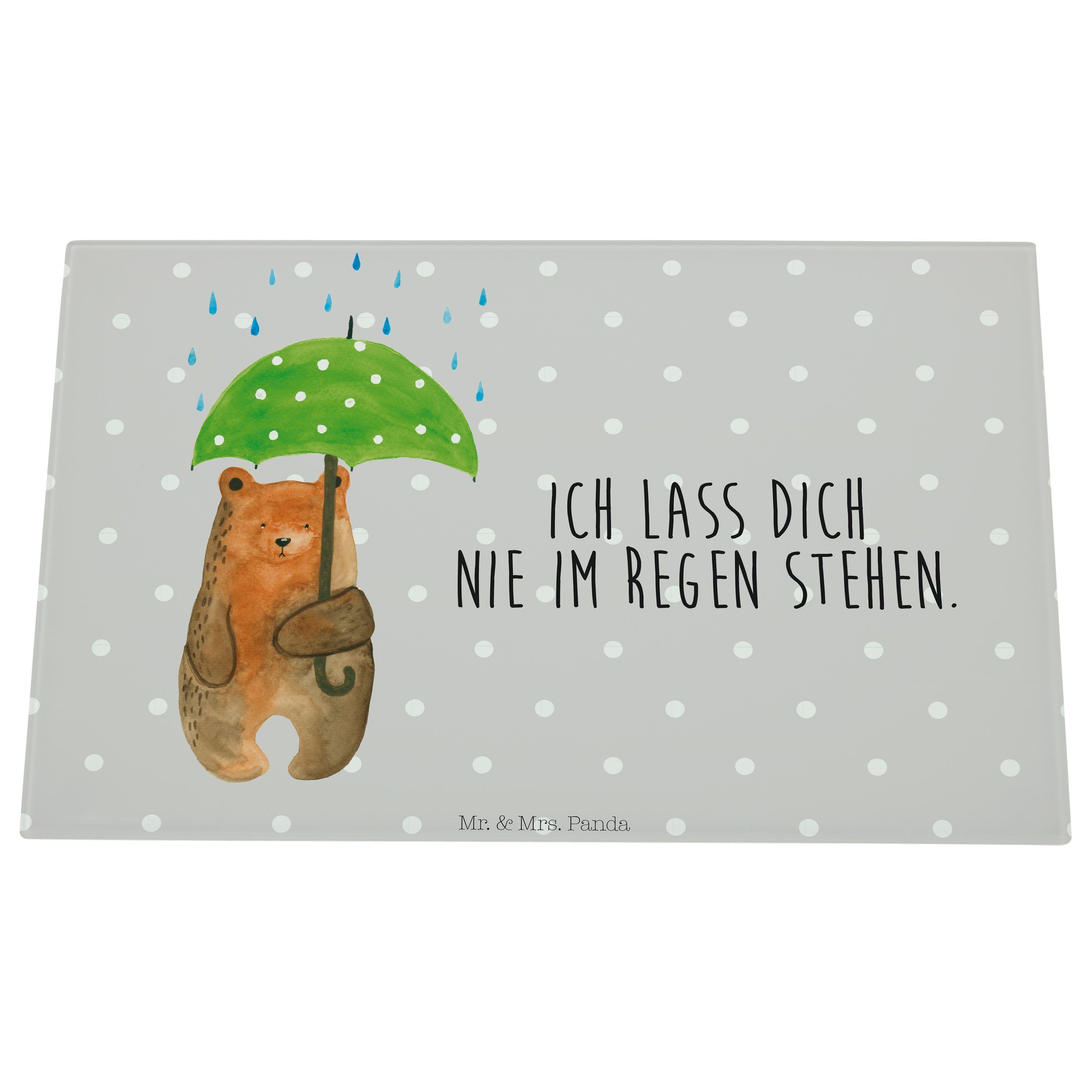 Glas, Panda Pastell Liebesb, Grau Regenschirm - Mr. (1-St) - Servierbrett mit Premium & Mrs. Schneidebrett, Bär Geschenk,