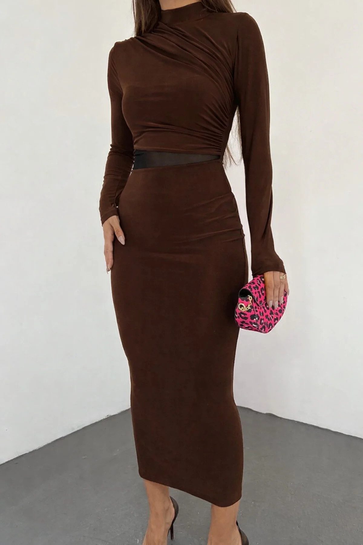 WOMAN VISION Midikleid Kleid in Midi-Länge mit hohem Kragen und langen Ärmeln