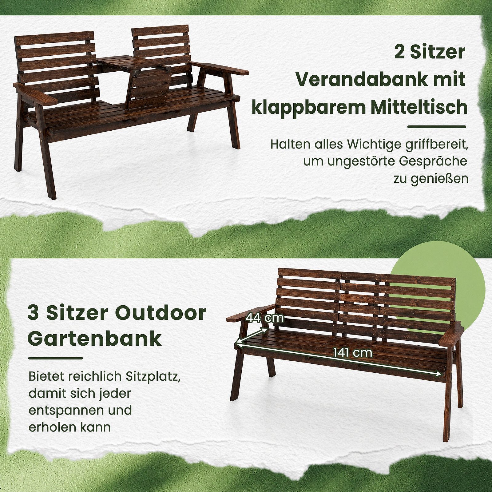 COSTWAY Gartenbank, Holzbank für Balkon, Sitzbank mit klappbarem Mitteltisch
