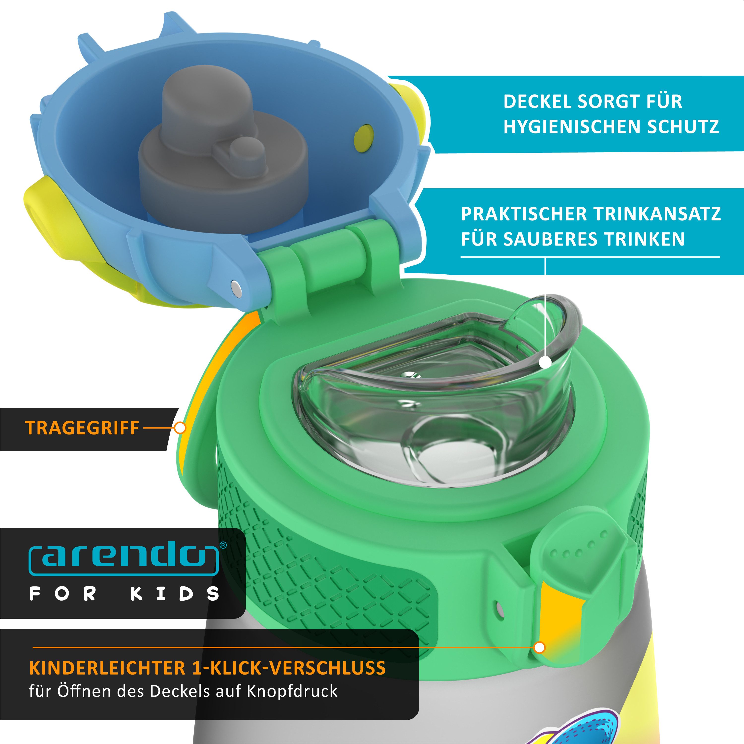 Arendo Trinkflasche Wasserflasche für Kinder 350 ml, Klickverschluss, BPA-frei, Tragegriff, Trinkansatz, spülmaschinengeeignet 50 °C, Deckel abschraubbar