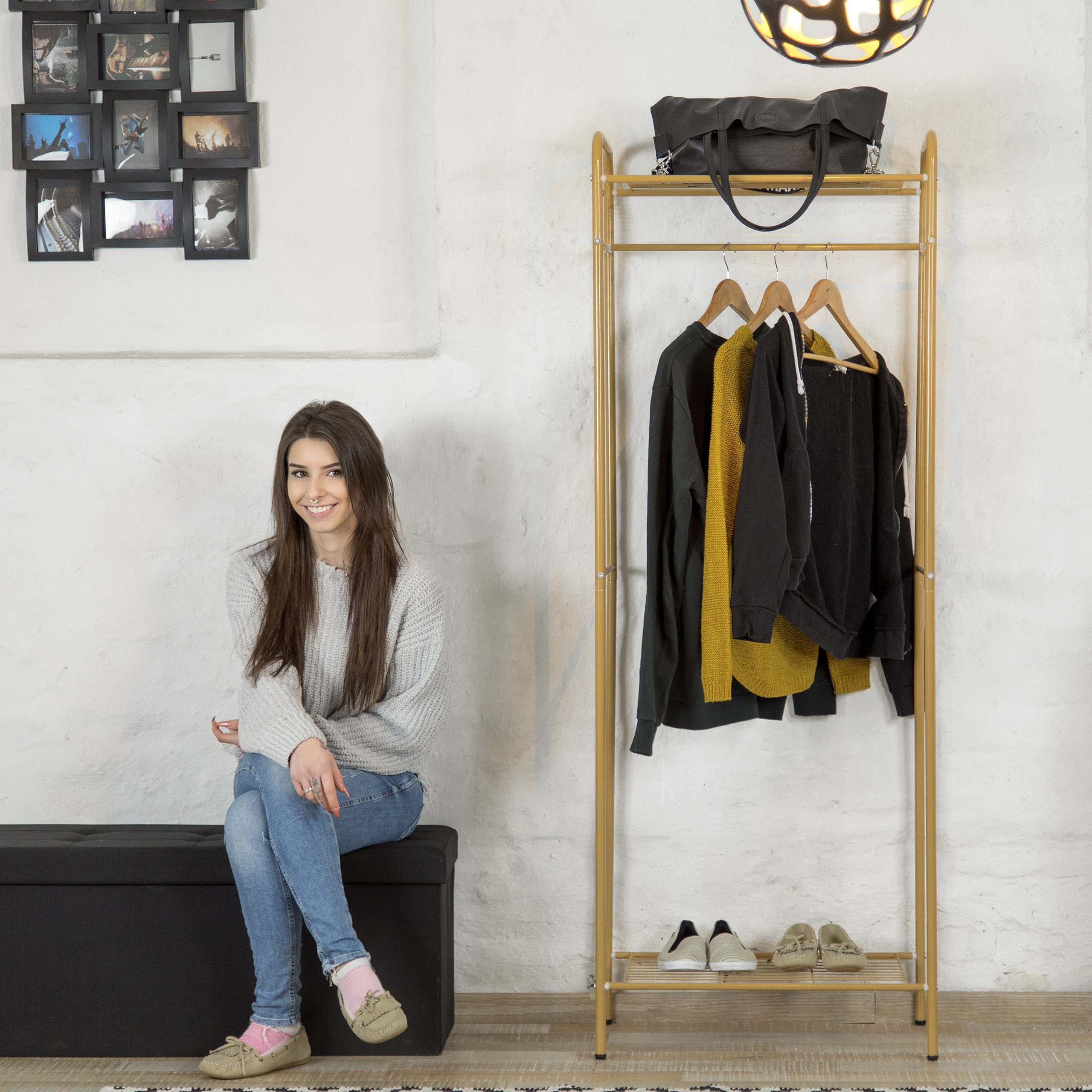relaxdays Kleiderständer mit Ablage SANDRA, Honigbraun günstig online kaufen