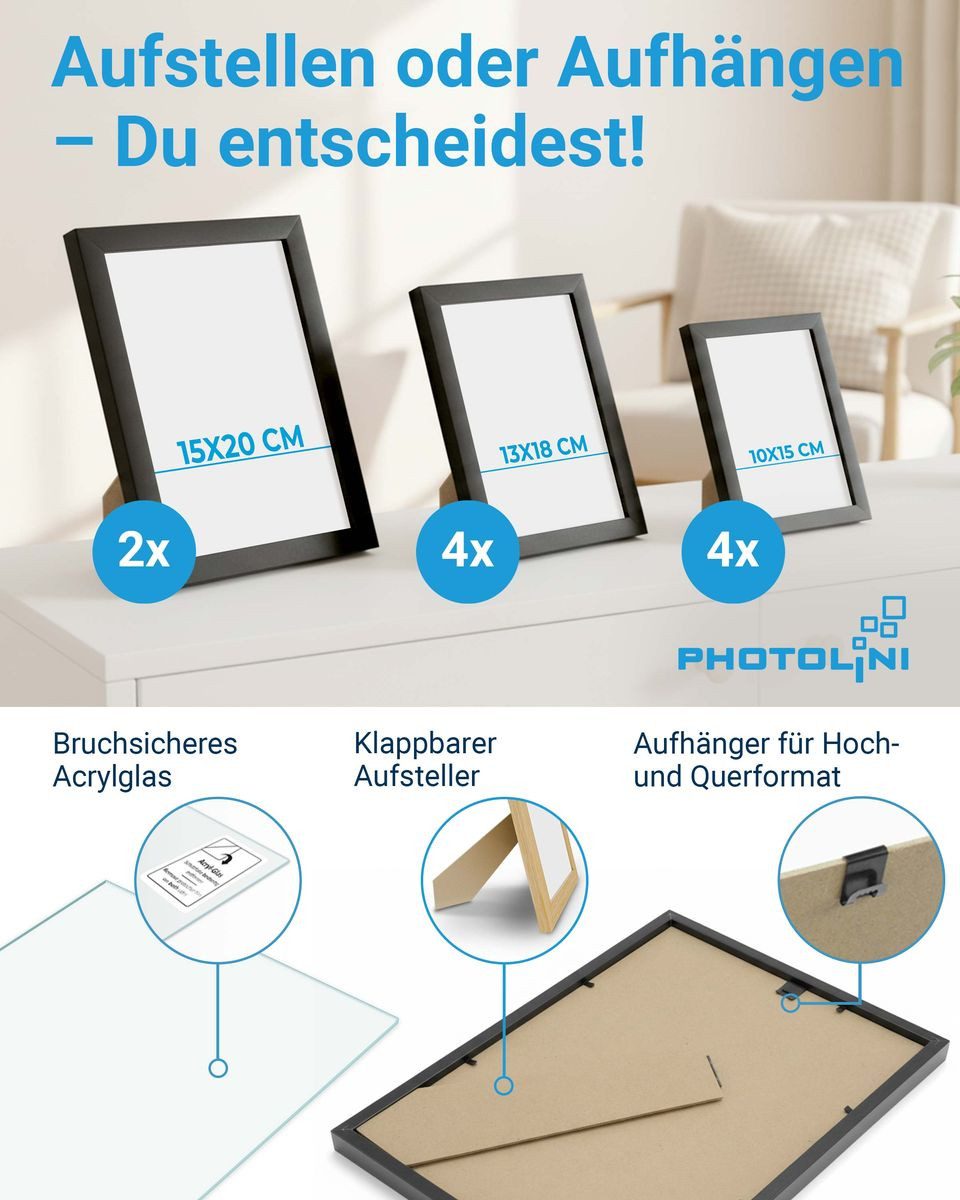 PHOTOLINI Bilderrahmen Sets in verschiedenen Formaten, MDF Holz, Acrylglas & Zubehör, für 10 Bilder (10er Set), Posterrahmen 10er Set No.3 zum Aufhängen oder Aufstellen