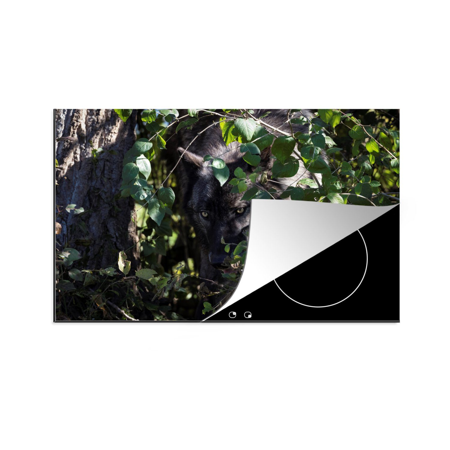 MuchoWow Herdblende-/Abdeckplatte Wolf versteckt sich im Gebüsch, Vinyl, (1 tlg), 81x52 cm, Induktionskochfeld Schutz für die küche, Ceranfeldabdeckung | Herdabdeckplatten