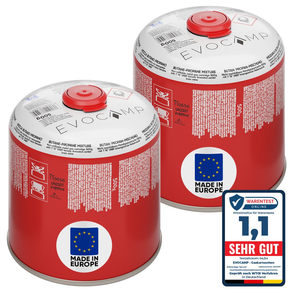 EVOCAMP Gaskartusche 2x Butangas Kartuschen 500g, Schraubkartusche mit Butan/ Propan Gas, 2 St.