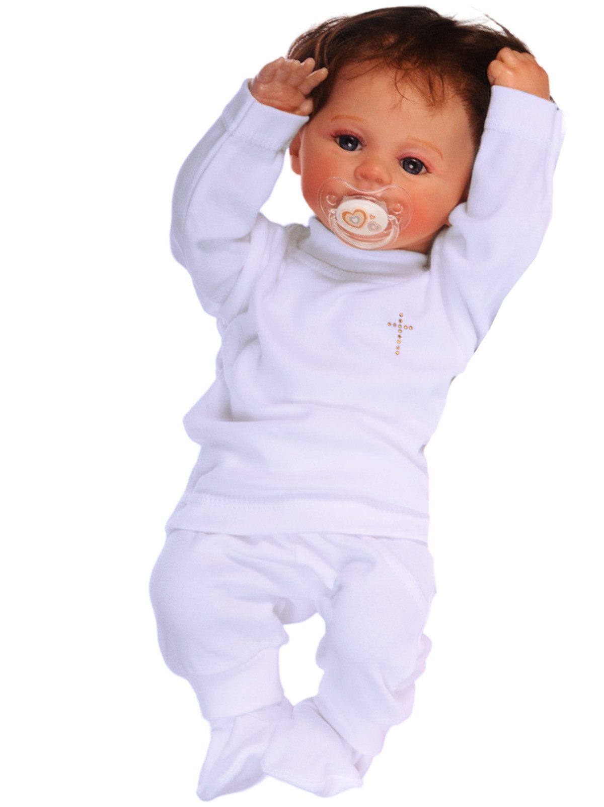 La Bortini Langarmshirt & Hose Baby Anzug in Weiß oder Creme für Taufe und Geburt Shirt Schlupfhose aus reiner Baumwolle, 44 50 56 62 68 74 80 mit einem Kreuzchen