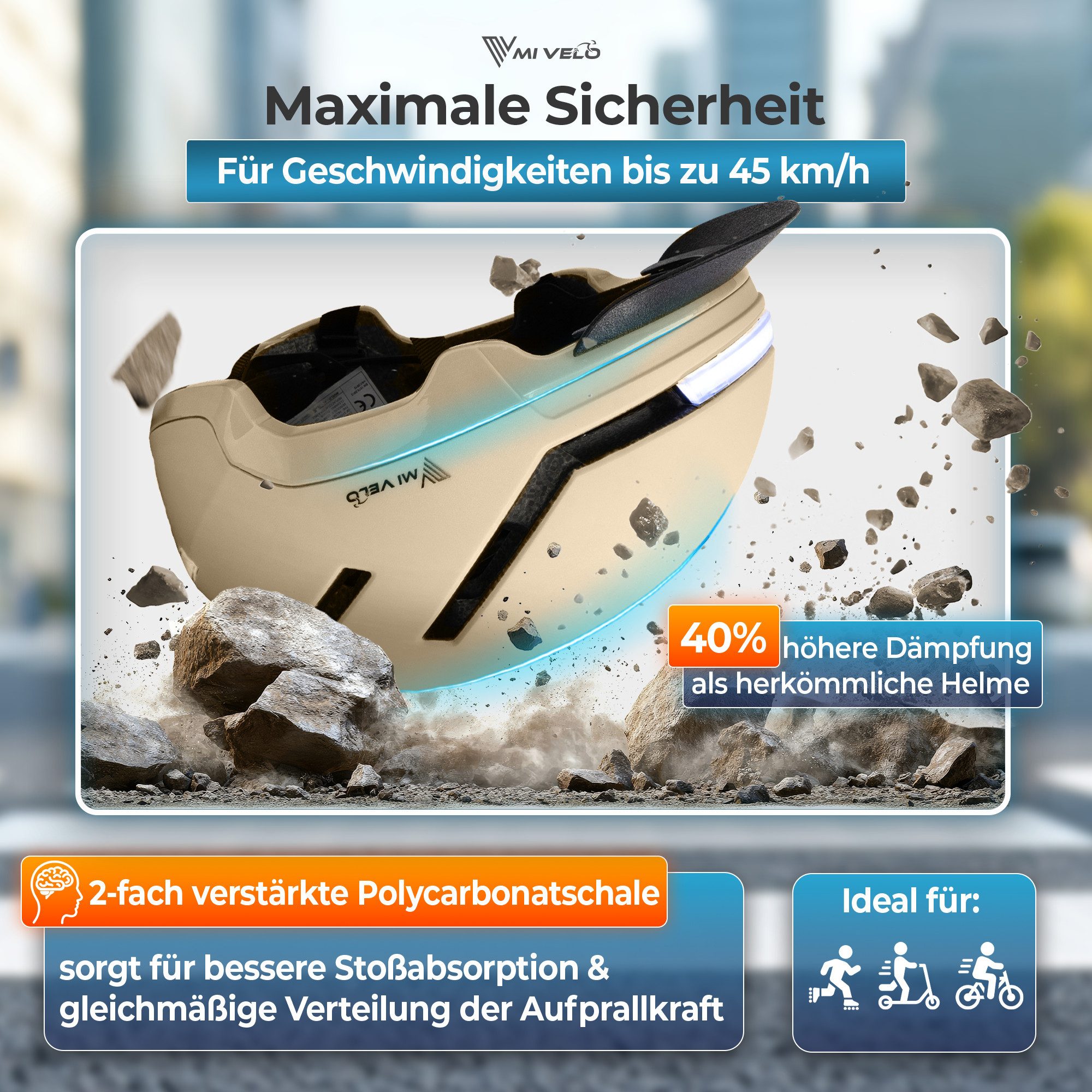 MIVELO Fahrradhelm NOVA - für Herren und Damen mit Licht vorne & hinten, NTA zertifiziert, 360° Beleuchtung, 24 Monate Crash-Ersatz-Garantie
