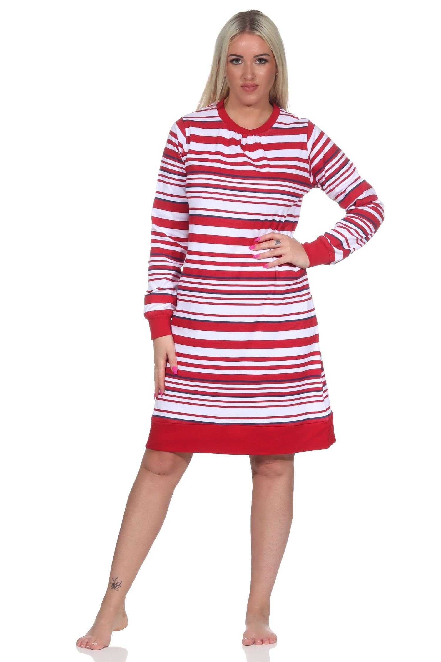 Normann Nachthemd Kuschel Interlock Damen Nachthemd mit Bündchen in maritimer Optik rot