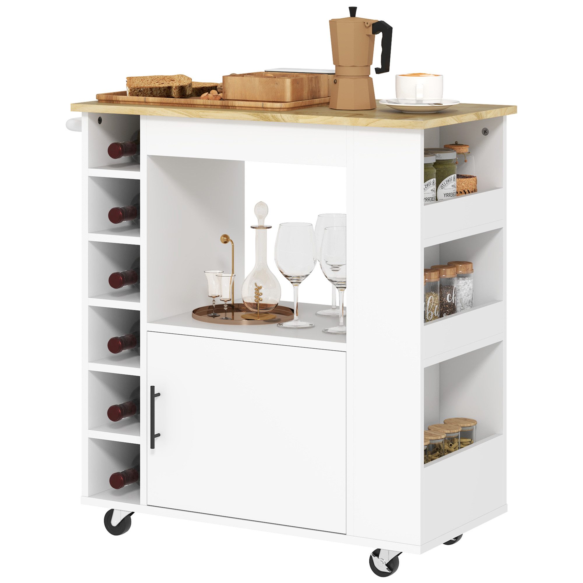 HOMCOM Küchenwagen Rollwagen mit Arbeitsplatte aus Holz, Ablagen, auf Rollen, (Rollwagen mit Soft-Close-Scharnieren, 1 St., Kücheninsel), für Büro, 83x40x83cm,  – Bild 2 von 5