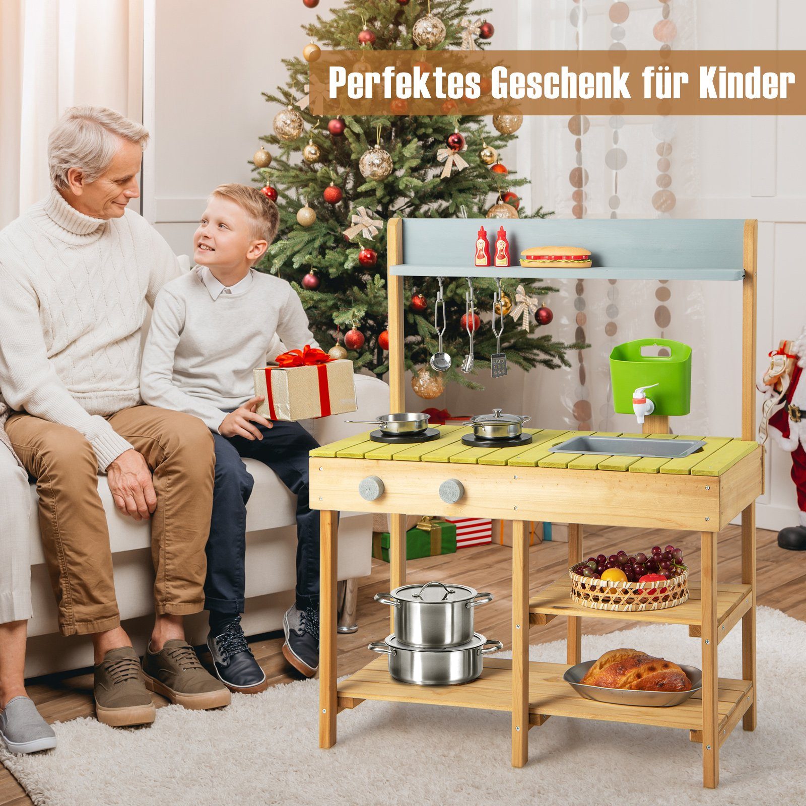 COSTWAY OutdoorSpielküche Kinderküche Holz, mit Stauraum, für Garten