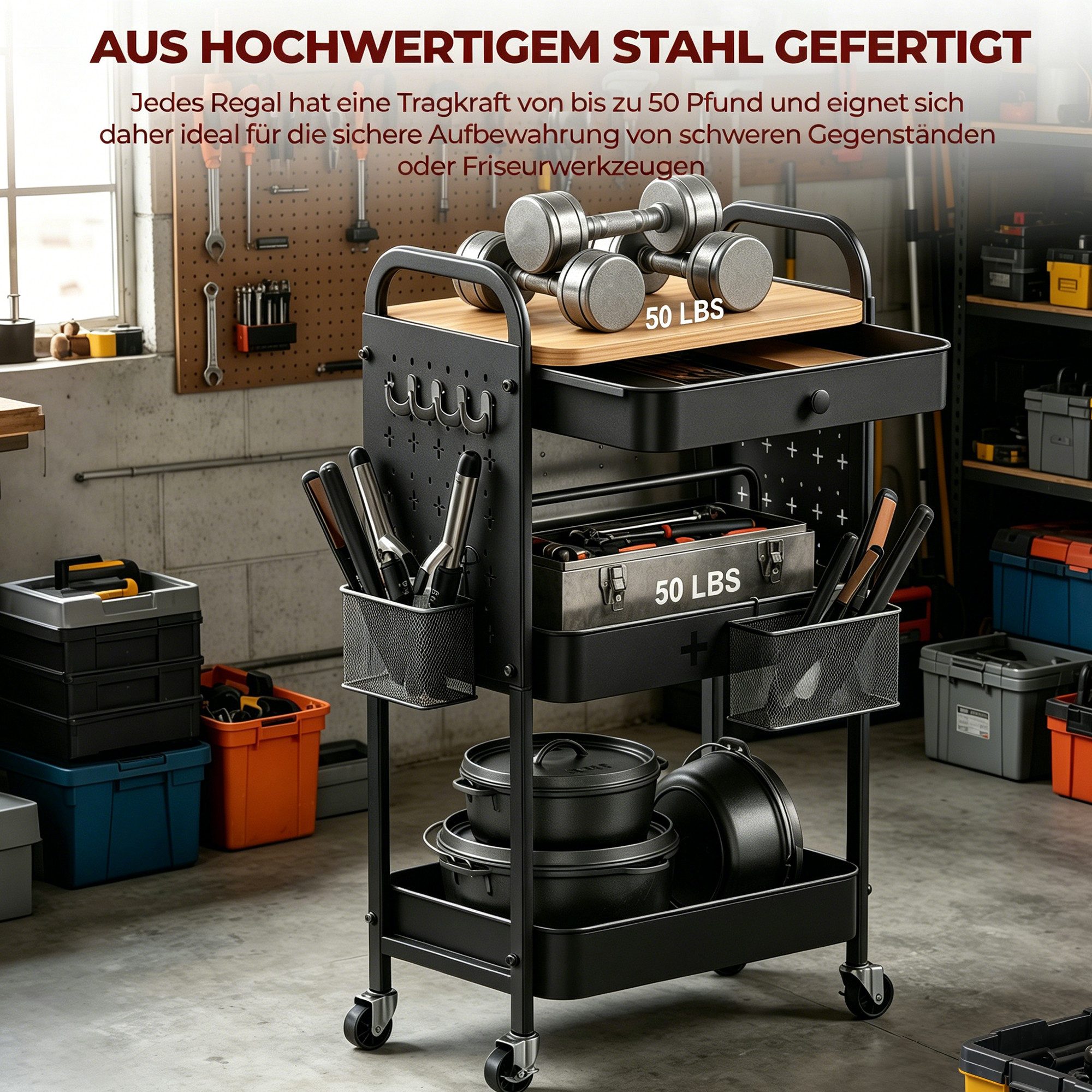 GLIESE Beistellwagen Vielseitiger Küchenwagen, Servierwagen, für Küche, Büro, Wohnzimmer, 2 Hängekörben, 4 Haken, 2 Lochplatten,1 Schublade, Bremsrollen, Griff – Bild 5 von 5