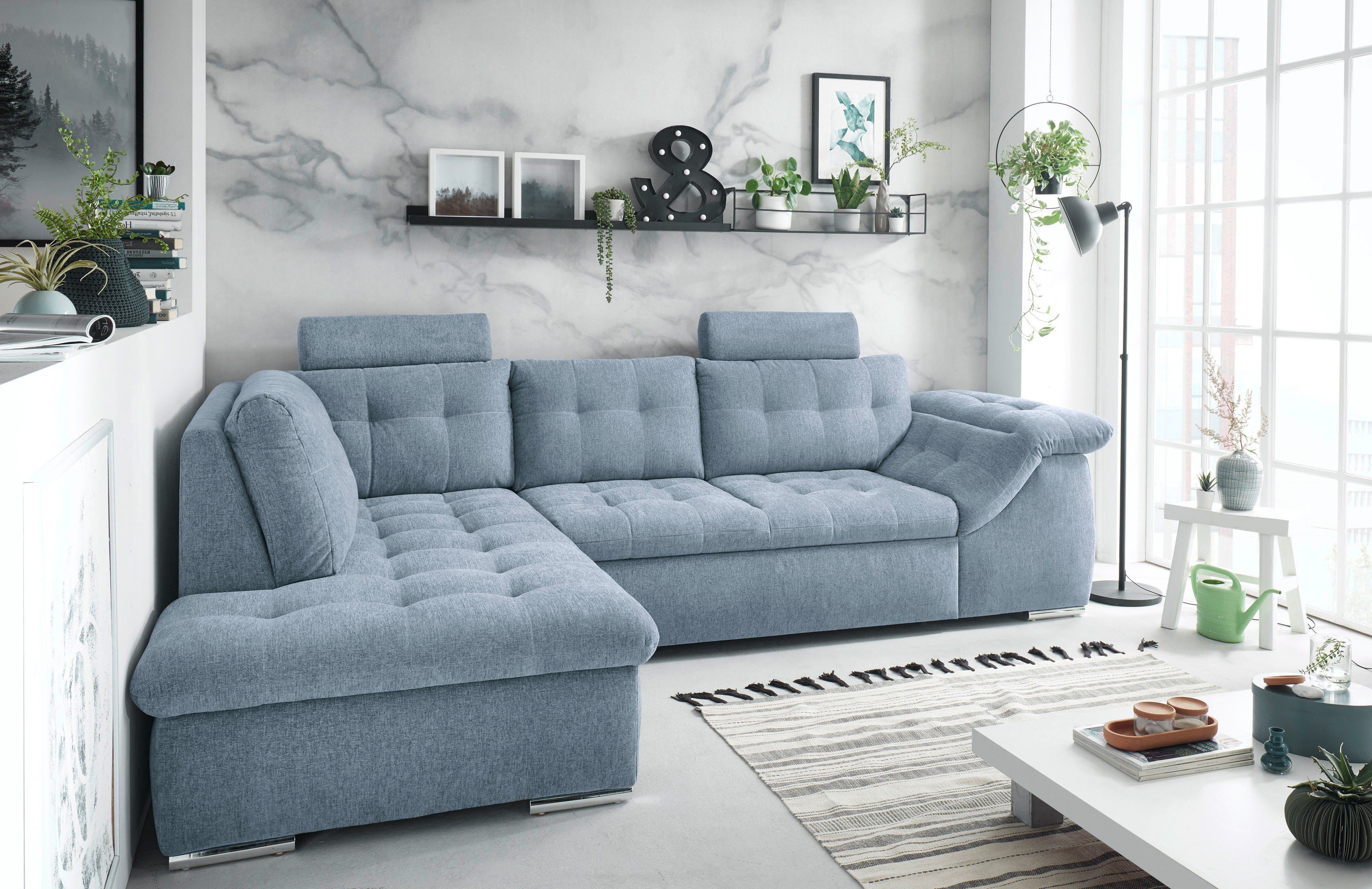 ED EXCITING DESIGN Ecksofa Oman L-Form, mit Bettfunktion, Bettkasten, Armteilverstellung, Kopfstützen