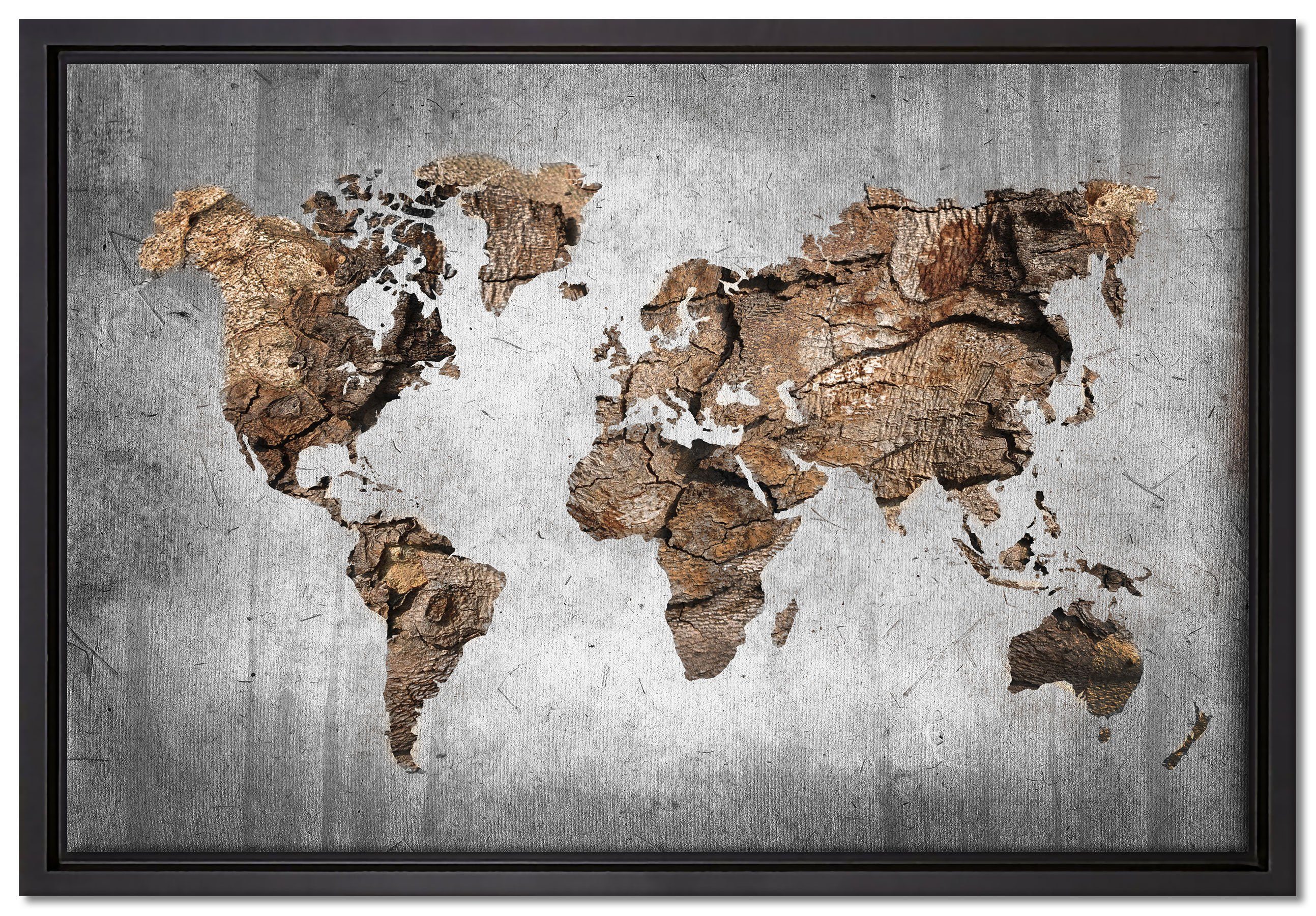 Pixxprint Leinwandbild Weltkarte auf altem Holz B&W Detail, Wanddekoration (1  St), Leinwandbild fertig bespannt, in einem Schattenfugen-Bilderrahmen  gefasst, inkl. Zackenaufhänger