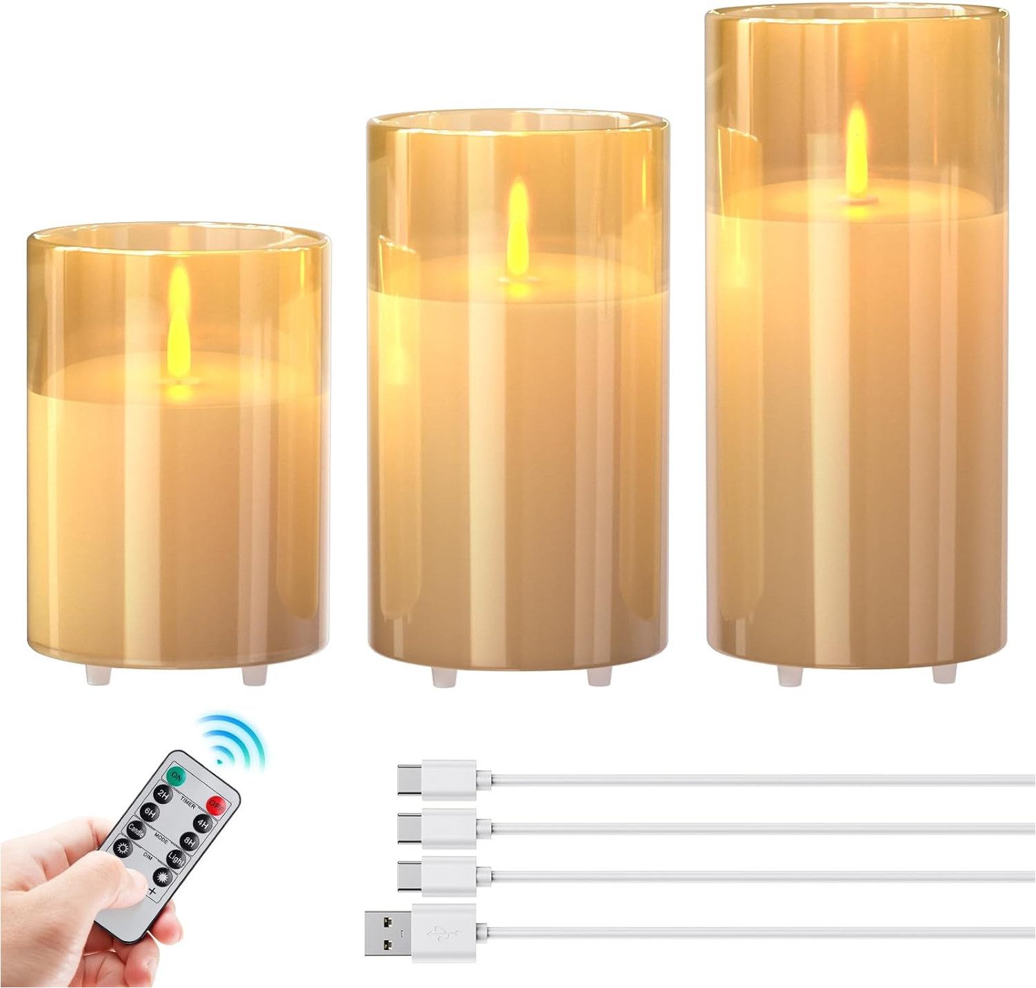 EXTSUD LED-Kerze 3 Stück LED Kerzen mit Lichterkette und Timer Aufladbare LED Kerzen (für Wohnung Dekoration Weihnachten Geburtstag, 3-tlg), mit Fernbedienung Flammenlose Led Kerzen