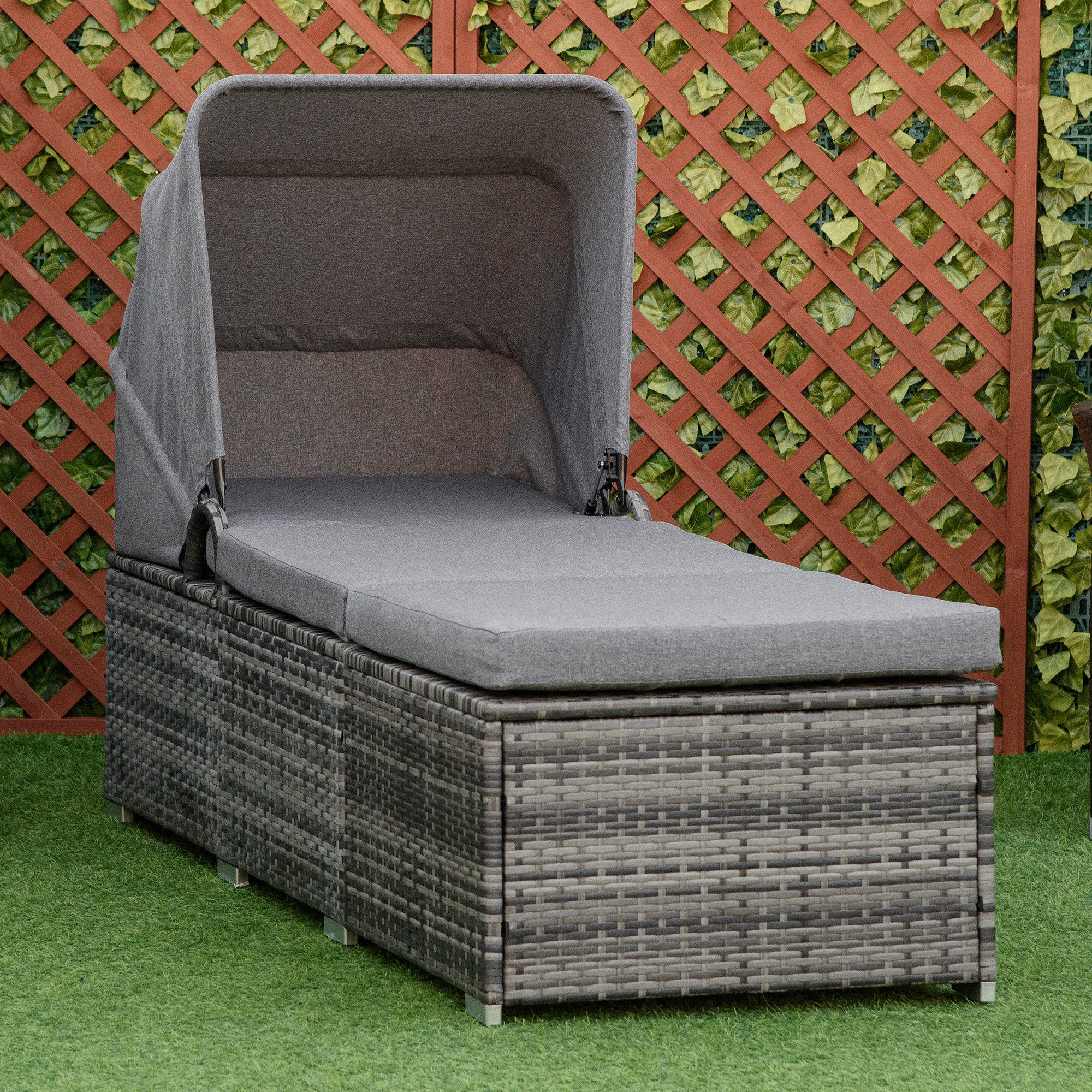 Outsunny Gartenliege Sonnenliege aus Polyrattan mit Sonnendach Liege mit Kissen, Gartenliege, 1 St., Verstellbar Rattanliege, Grau 195 x 65 x 40 cm