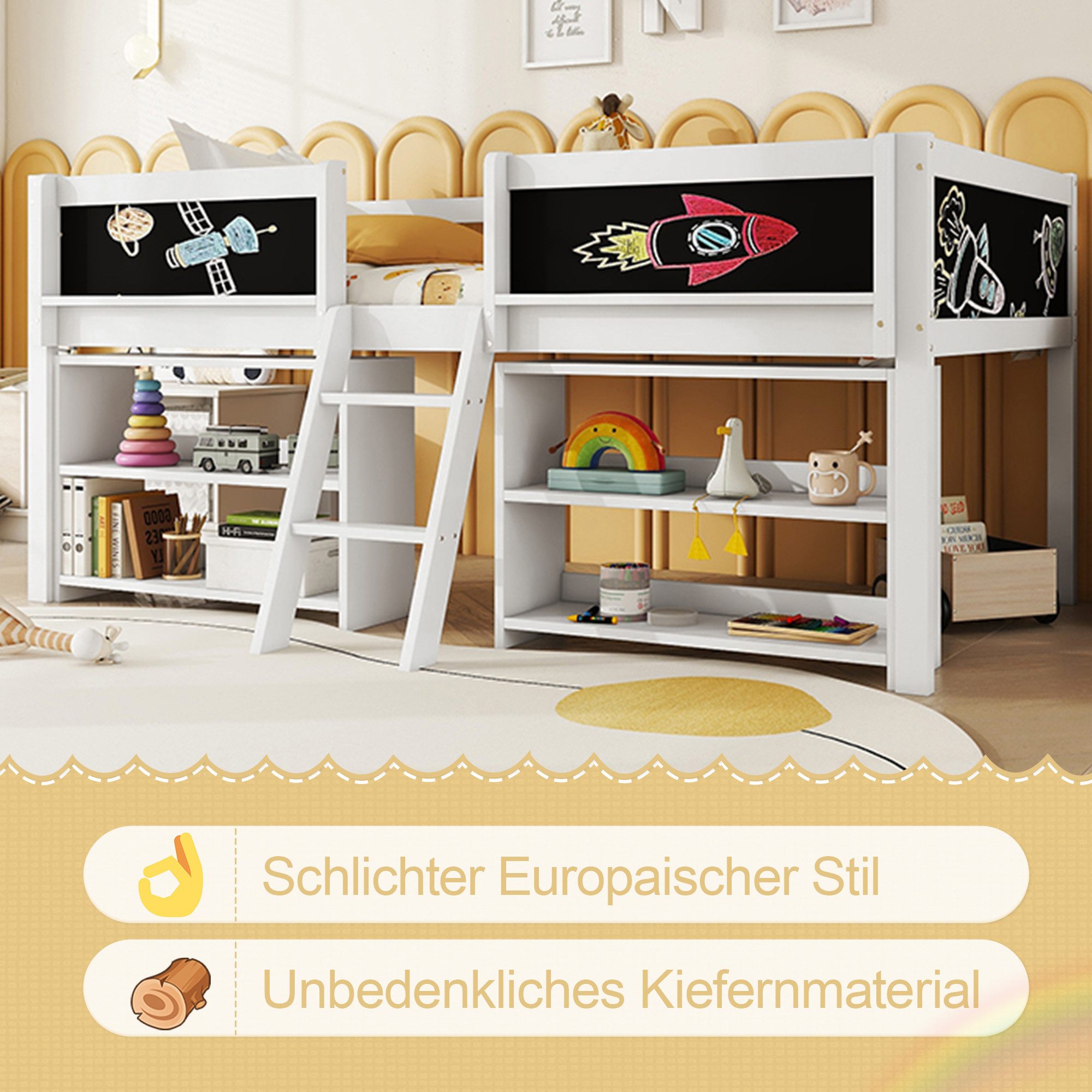 Flieks Hochbett Halbhohes Bett Kinderbett 90x200cm mit Tafel, Ablagefächer günstig online kaufen