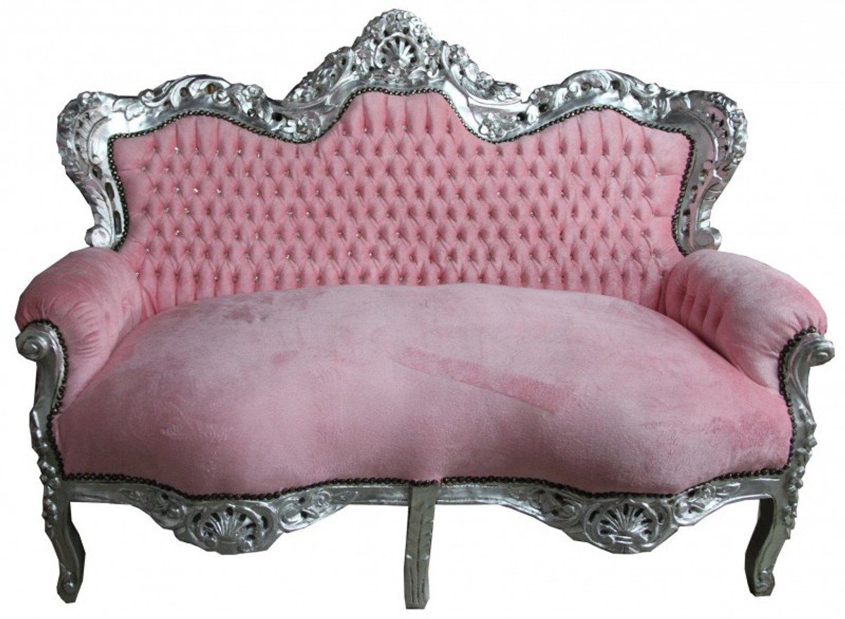 Sofa Padrino 2-Sitzer Strasssteinen 2er Casa rosa "Master" mit Möbel Antik Stil Barock / silber