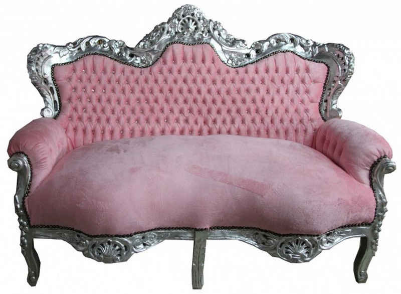 Casa Padrino 2-Sitzer Barock 2er Sofa "Master" rosa / silber mit Strasssteinen Möbel Antik Stil