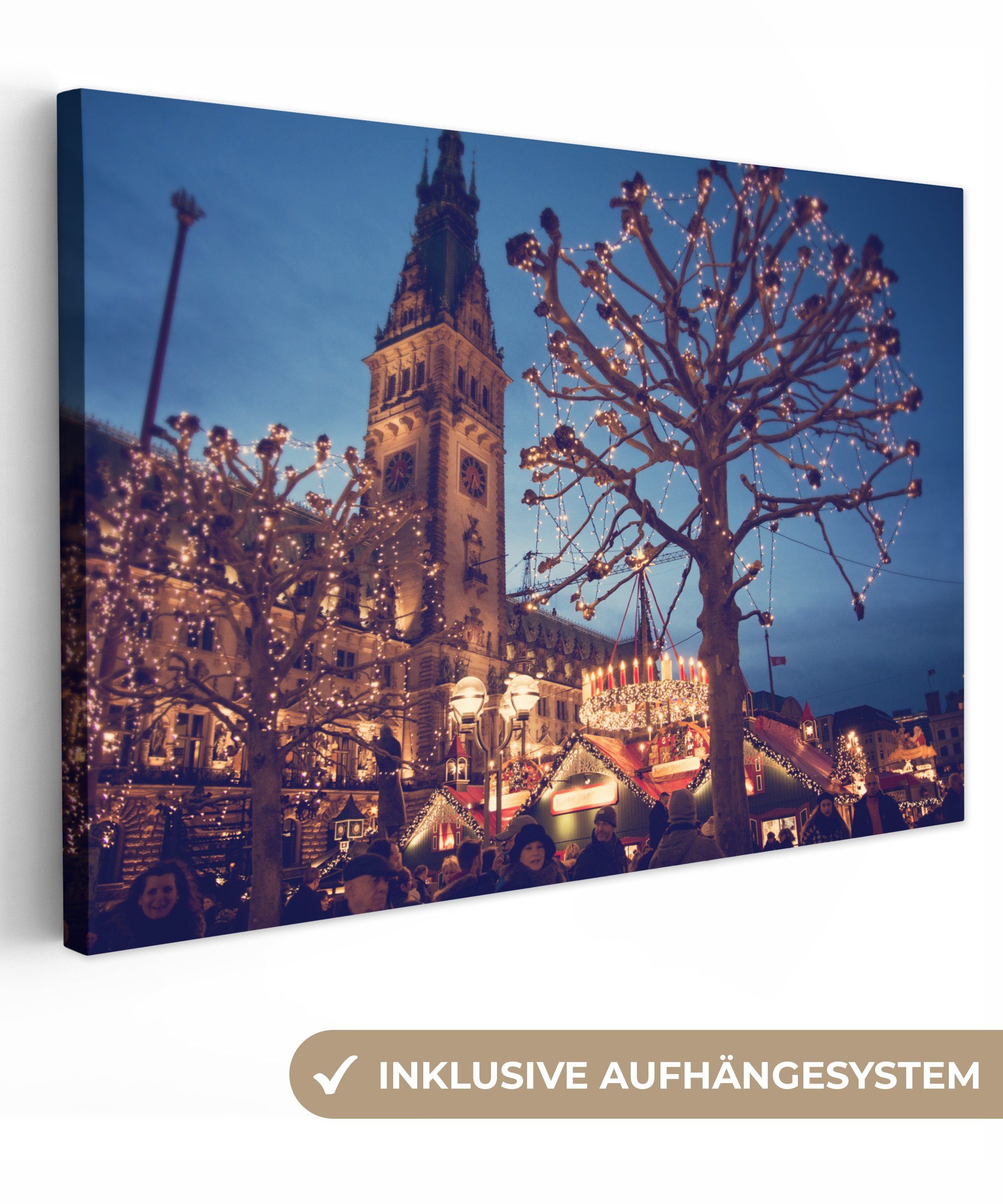 OneMillionCanvasses® Leinwandbilder, Markt Aufhängefertig, Wandbild Leinwandbild Weihnachten cm Wanddeko, St), (1 - - 30x20 Hamburg,