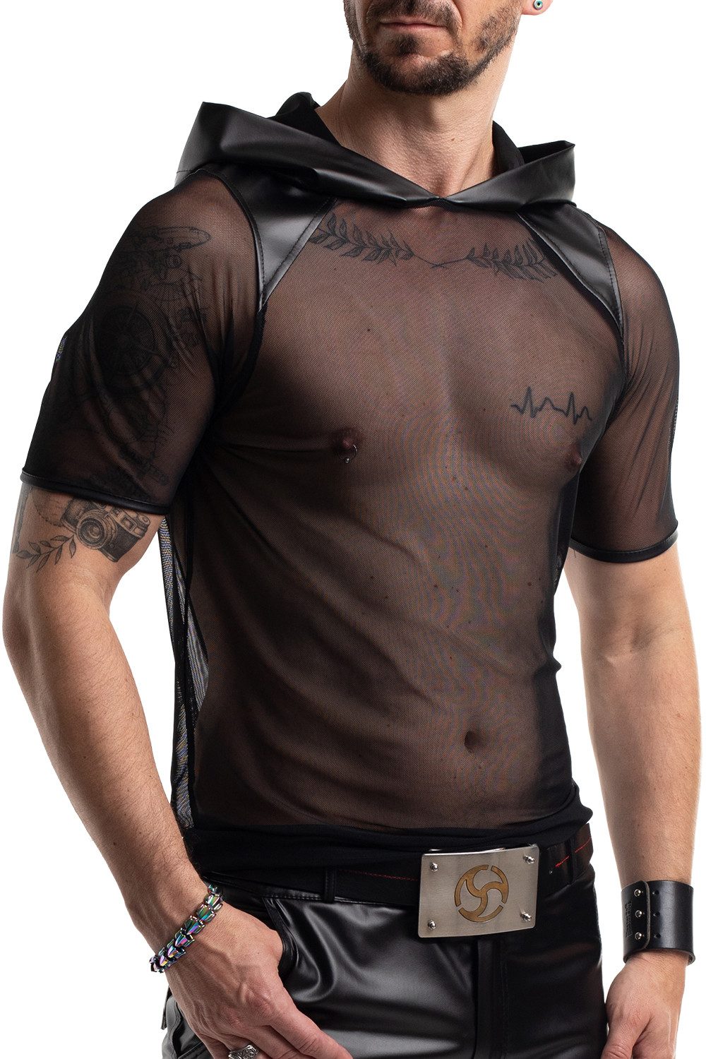 Regnes Fetish Planet T-Shirt Schwarze Herren wetlook Hemd Shirt Kapuze mit transparentem Netz, Krag