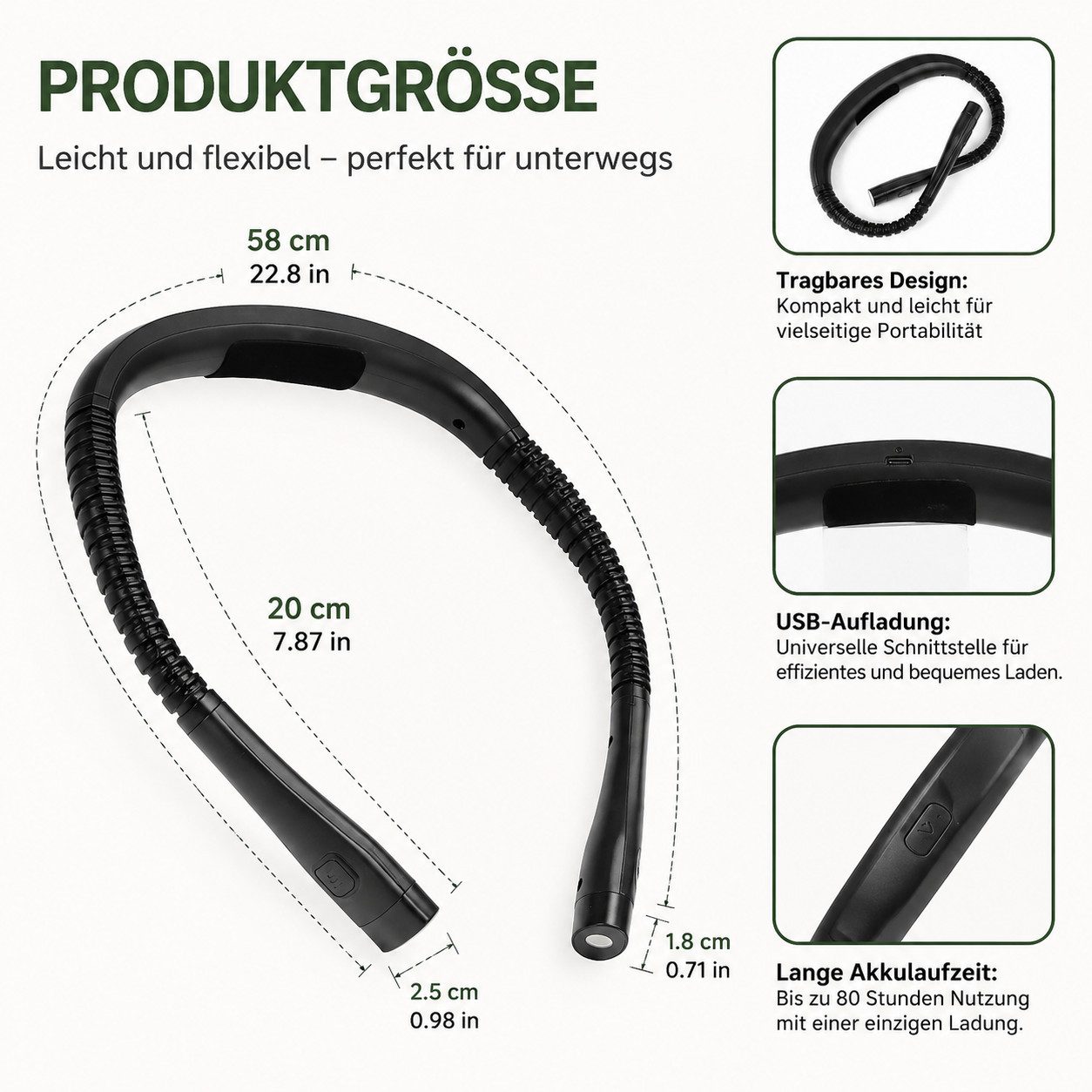 Fyrove LED Leselampe Nackenleuchte mit flexiblen Armen, Akku, Buchlicht für Lesen, Handarbeit, Camping und Reisen, 3 Lichtfarben, 3 Helligkeiten, flexible Arme, – Bild 3 von 5