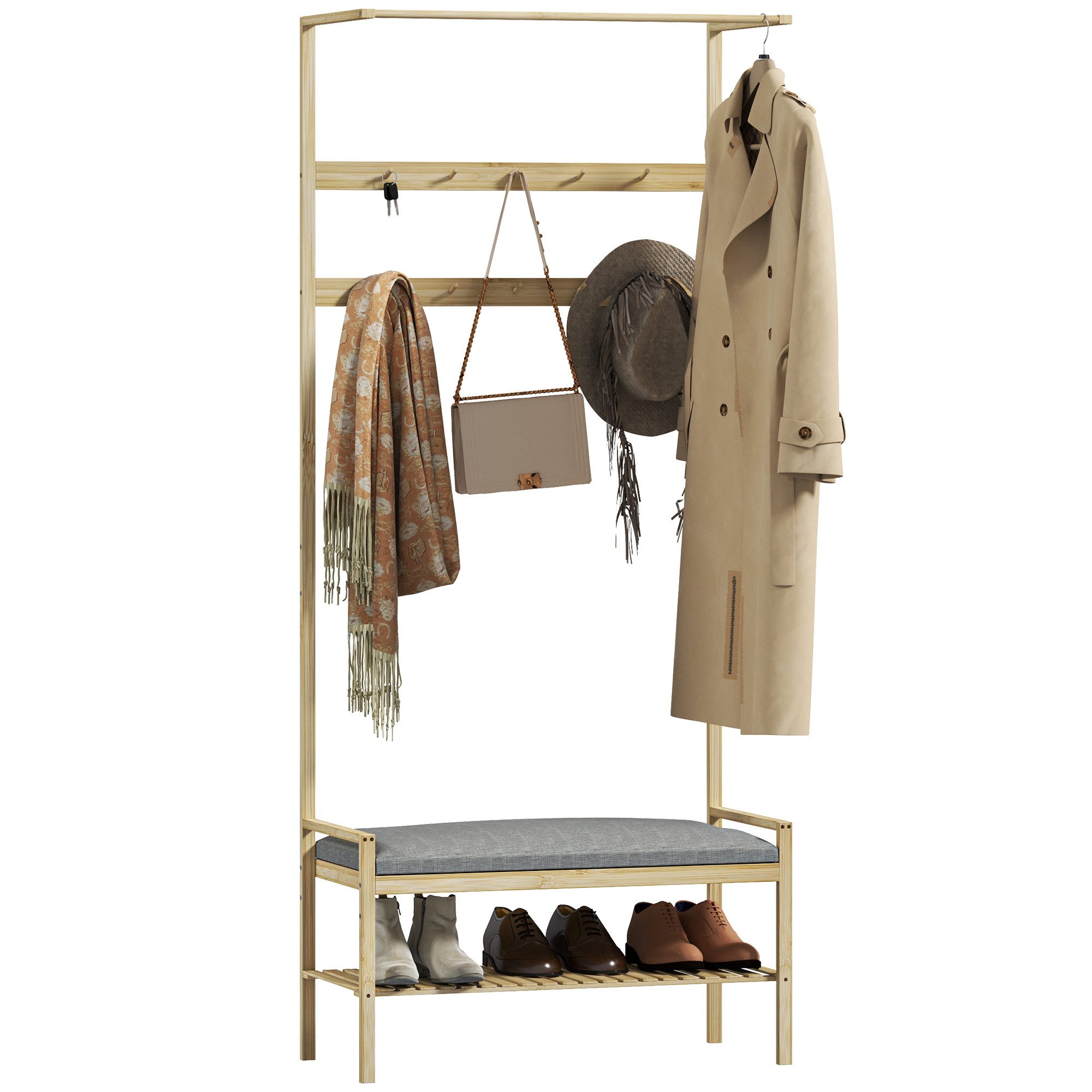 HOMCOM Garderobenständer Garderobe mit Schuhbank, Haken, Schuhregal, (Kleiderständer, 1 St., Jackenständer), für Eingangsbereich, Flur, Bambus, Natur